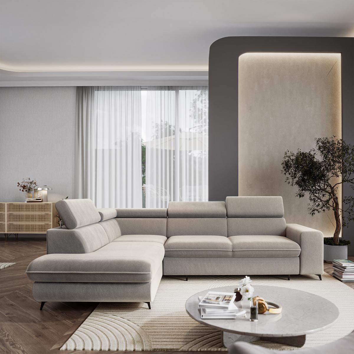 ECKSOFA VELISS Hellgrau Veloursstoff mit Schlaffunktion - Hellgrau, Holz (255/193cm) - MASSENO