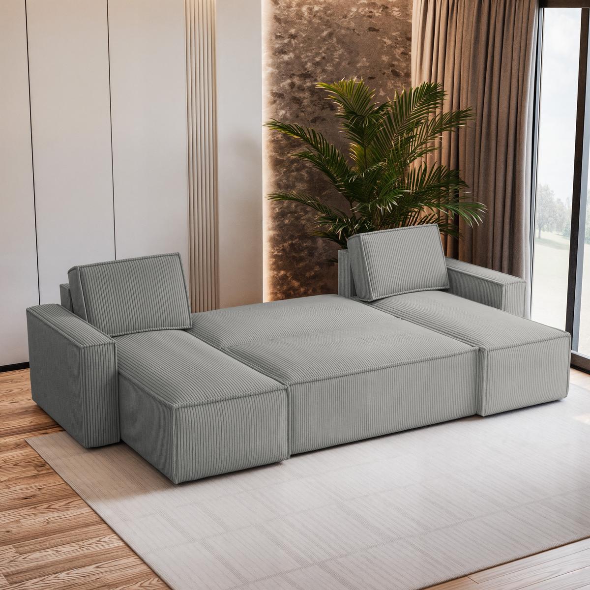 WOHNLANDSCHAFT PESANO P Hellgrau Kordstoff mit Schlaffunktion - Hellgrau/Grau, Holz/Kunststoff (306/85/140cm) - MASSENO