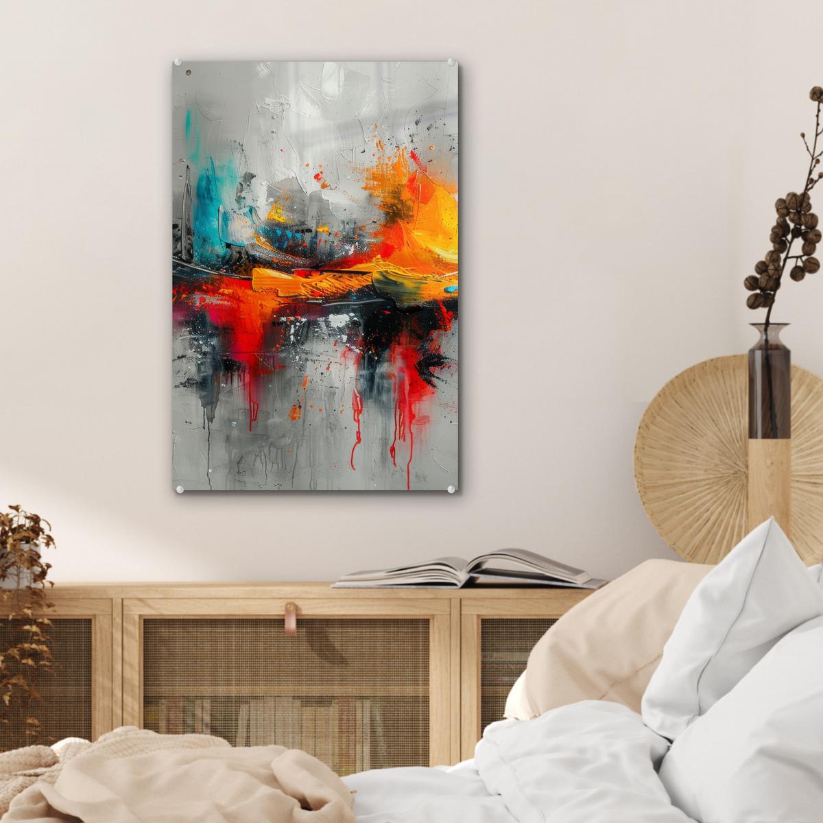 ACRYLGLASBILD Moderne Kunst - Orange - Grau - Abstrakt Wanddeko Wohnzimmer 40x60 cm - Hellgrau, Glas (40/60cm) - MuchoWow