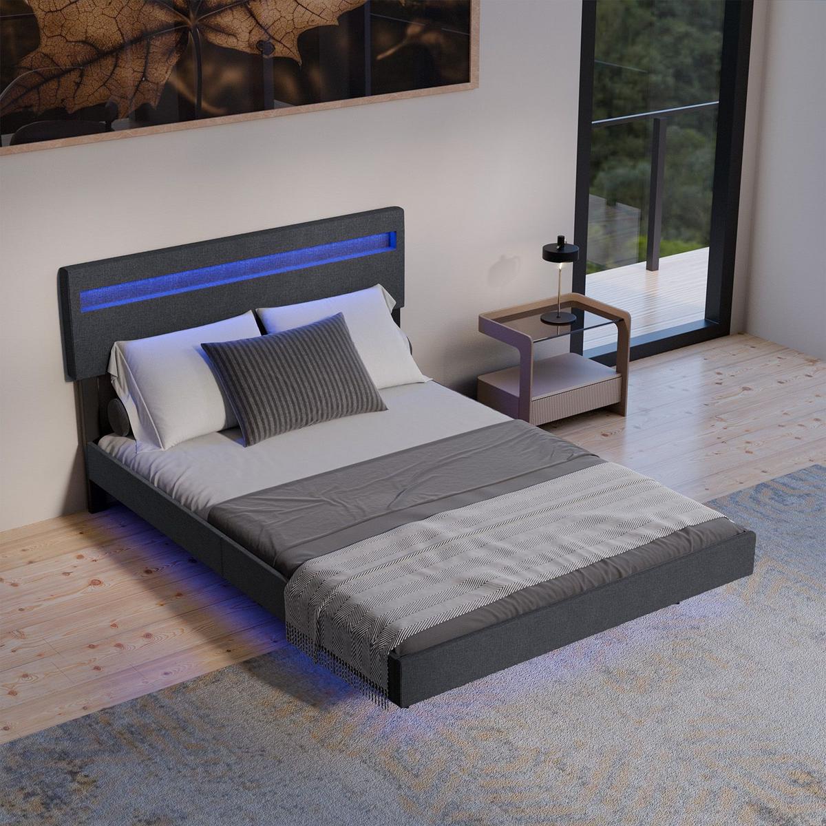 SCHWEBEBETT Lissabon Dunkelgrau 140/200 cm Leinen mit Matratze - Dunkelgrau, Textil (140/200cm) - Juskys