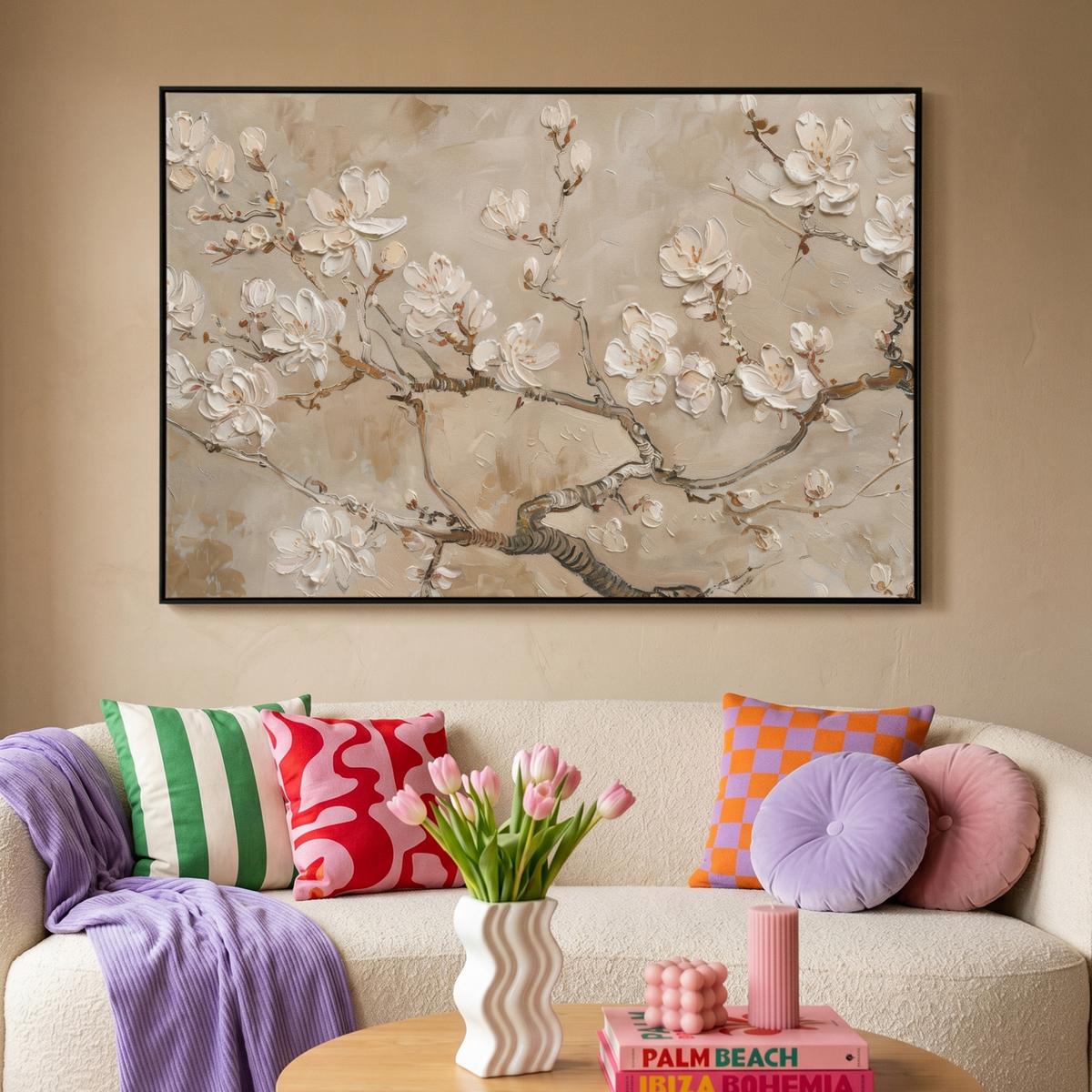 LEINWAND Bilder mit Rahmen - Blumen - Modern - Beige - Weiß - Blüte - 140x90 - Beige, Textil (140/90cm) - MuchoWow