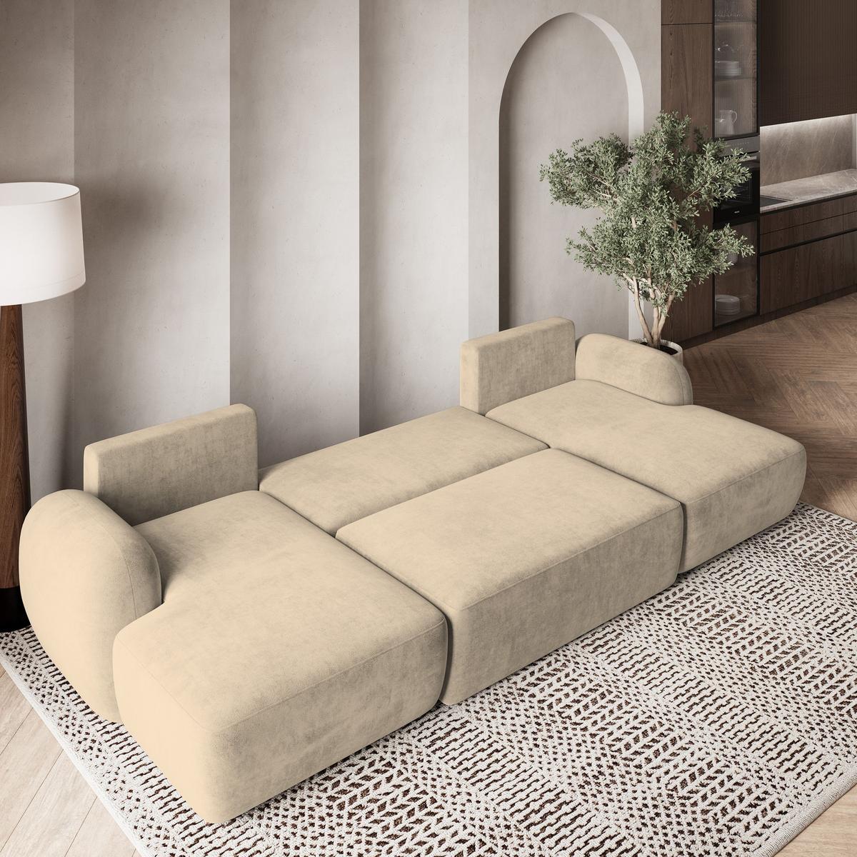 WOHNLANDSCHAFT SAVONA K Beige Plüsch-Stoff mit Schlaffunktion - Beige/Schwarz, Holz/Kunststoff (320/90/148cm) - MASSENO