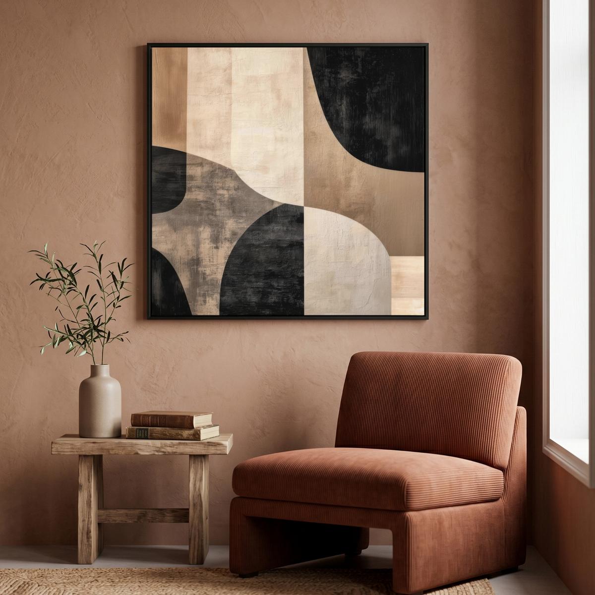 LEINWAND Bilder mit Rahmen - Abstrakt - Flugzeuge - Schwarz - Rund - 90x90 - Beige, Textil (90/90cm) - MuchoWow