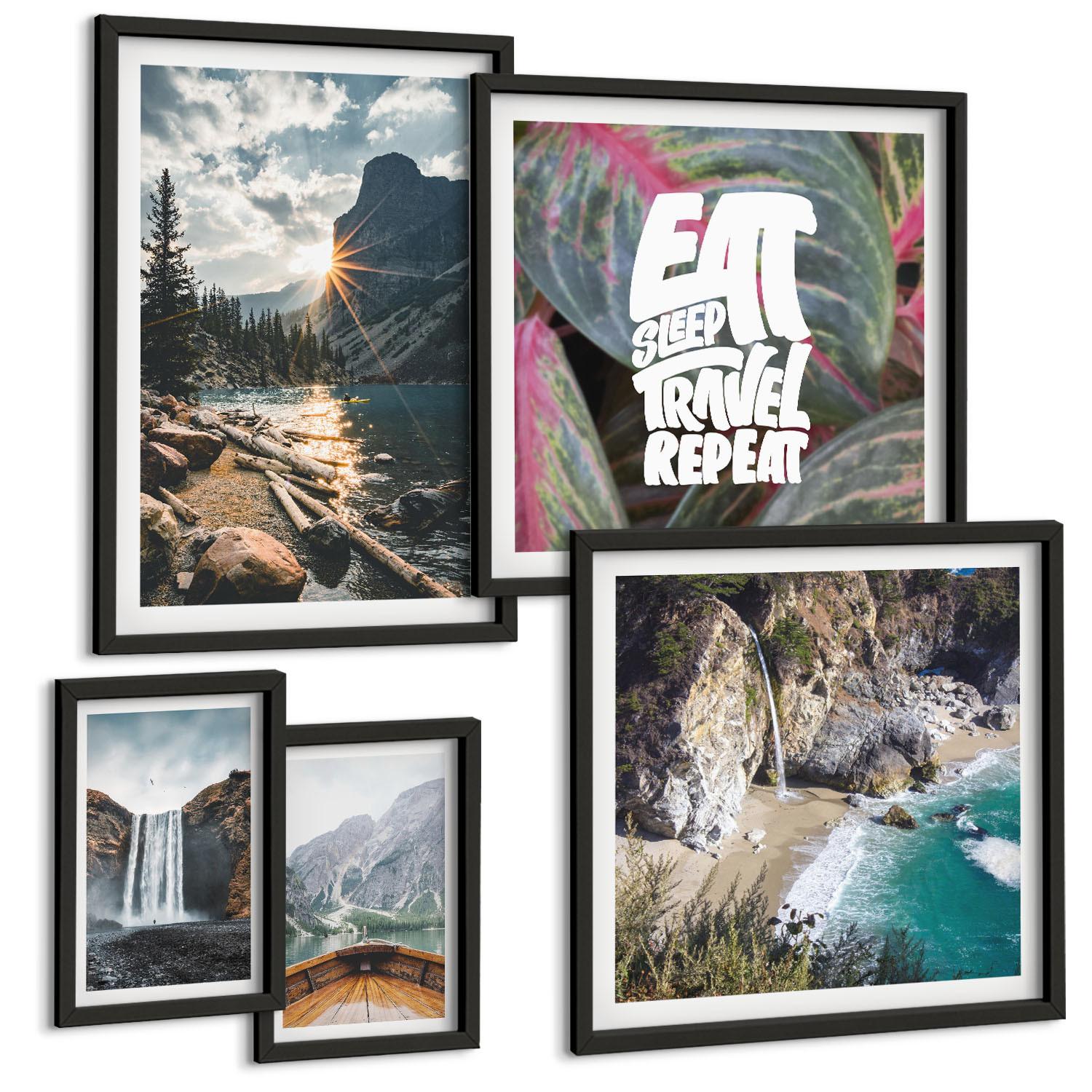 BILDER SET 5er Set - 50x50 cm & 20x30 cm & 40x60 cm Schwarzer Rahmen - Wasserfall Bergreise Natur - Schwarz, Kunststoff (40/60cm) - TULUP
