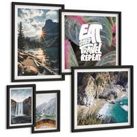 BILDER SET 5er Set - 50x50 cm & 20x30 cm & 40x60 cm Schwarzer Rahmen - Wasserfall Bergreise Natur - Schwarz, Kunststoff (40/60cm) - TULUP