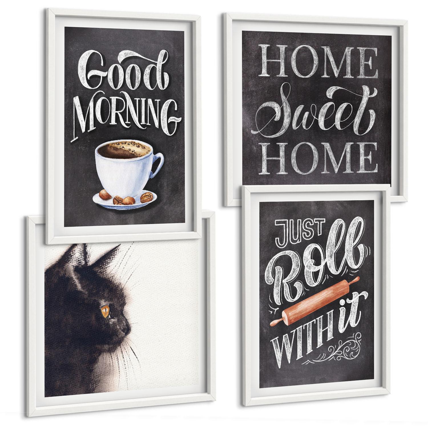 BILDER SET 4er Set - 50x50 cm & 40x60 cm Weißer Rahmen - Hausküchenthemen Katze - Weiß, Kunststoff (50/50cm) - TULUP