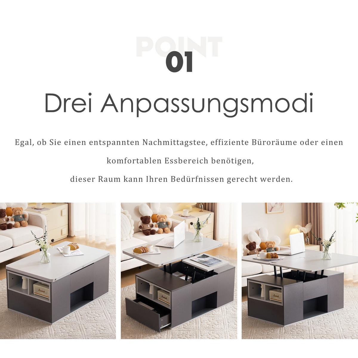 COUCHTISCH Grau Mit Lift-Top-Funktion & multifunktionalem Stauraum - Grau, Holzwerkstoff (51/100/47cm) - Urban Meuble