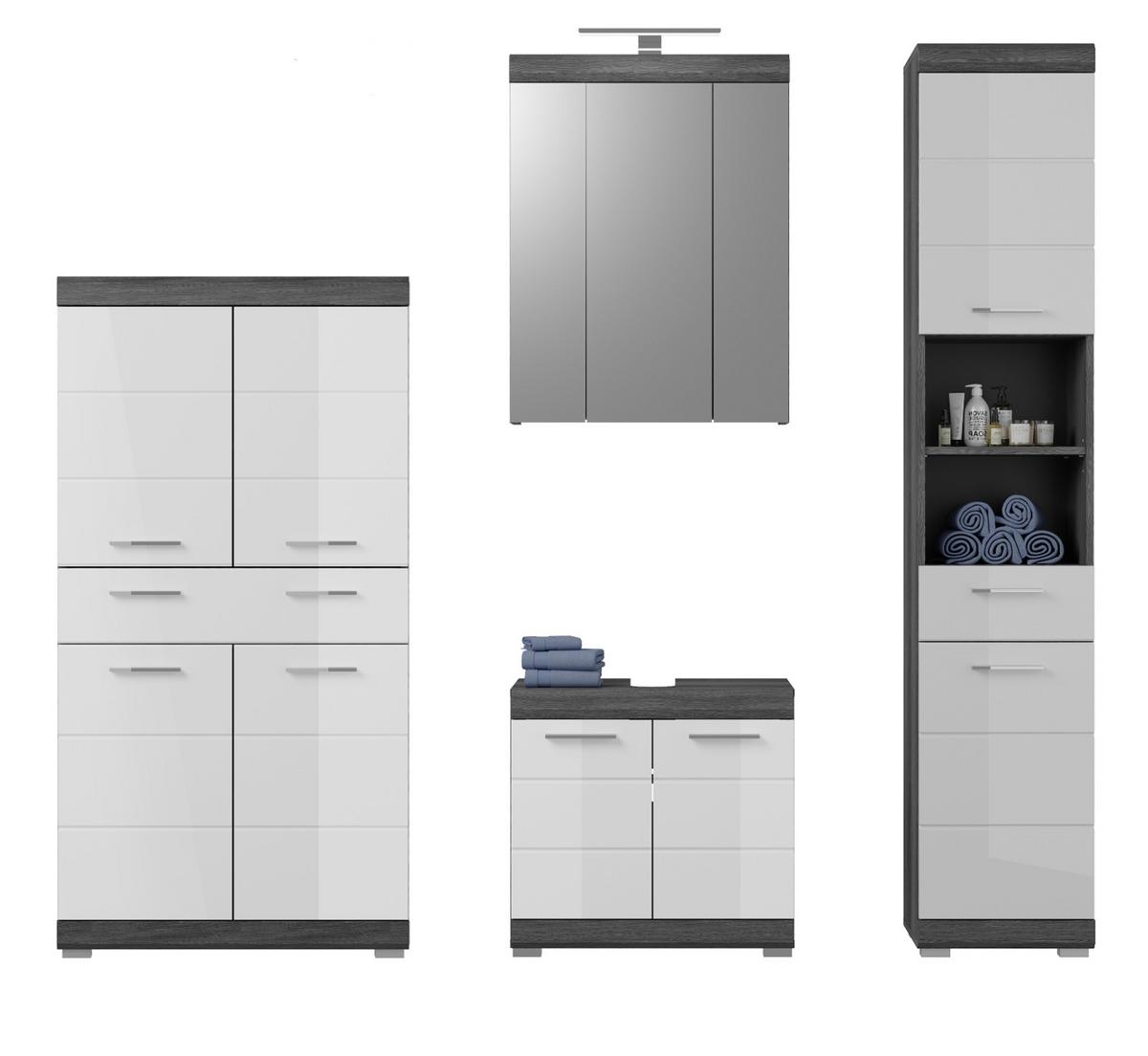 BADMÖBEL-SET weiß Hochglanz, grau 4-teilig 186 cm, Komplettset mit 31 Fächern - Weiß Hochglanz/Grau, Holzwerkstoff (186/191/34cm) - Inn.Furn