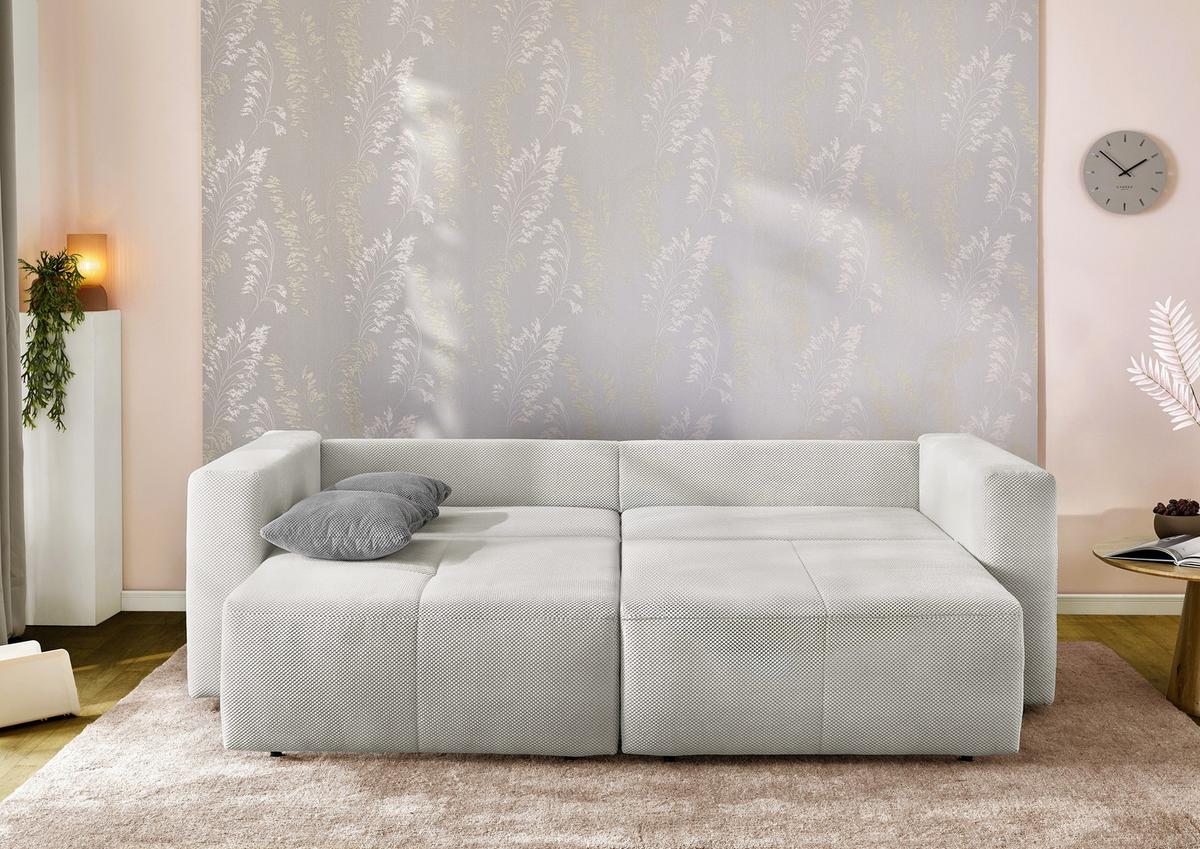 SCHLAFSOFA Verwandlung: Big-Sofa/Eckcouch, 2 Bettkästen, B243/T115-161/H84 cm, Liegefläche 145x197 cm, Waffelcord Silbergrau / 15242 - Silberfarben/Schwarz, Kunststoff/Textil (243/84/115cm) - luma-home