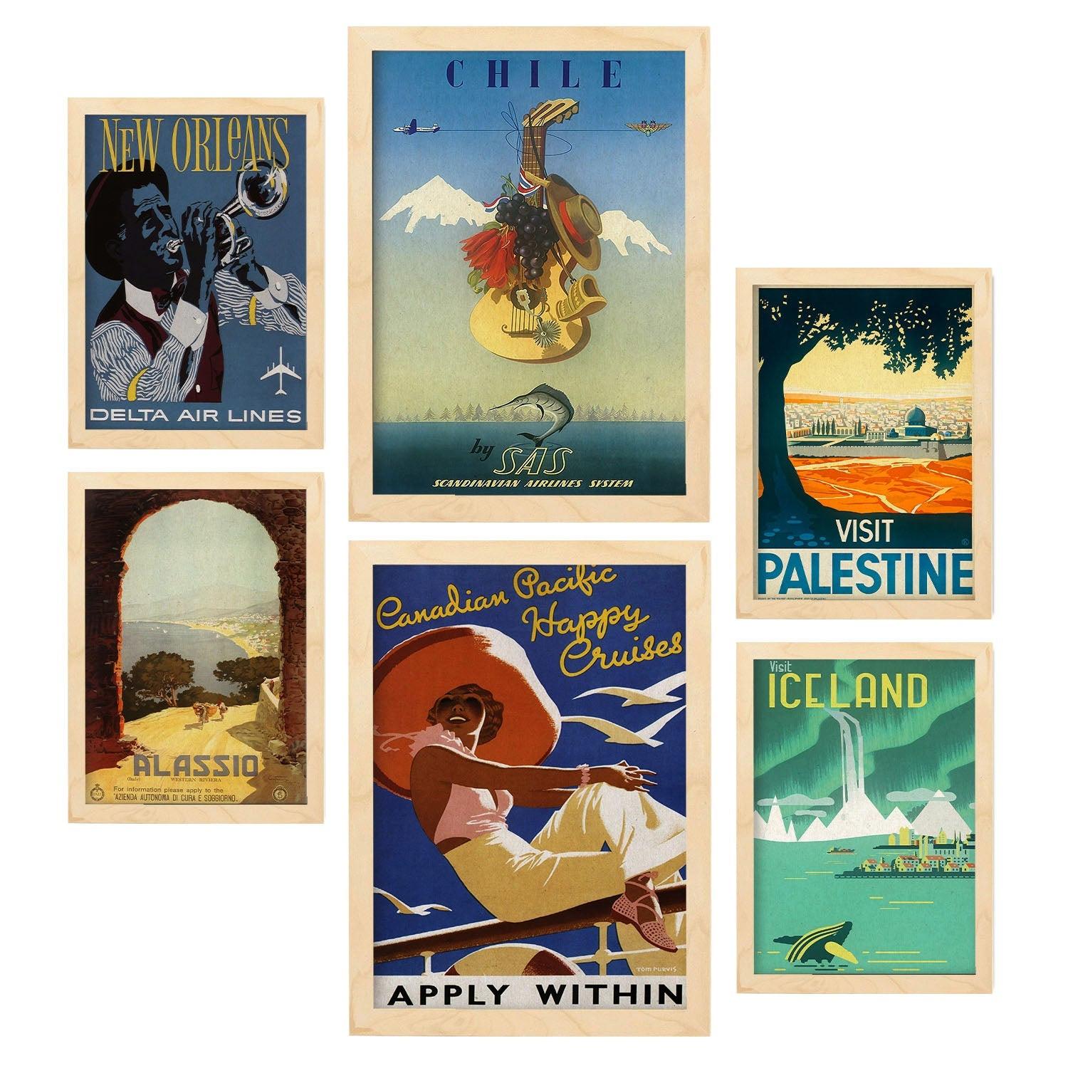 POSTER Set Mit 6 Land Und Städte Vollfarbige Illustrationen Von Vintage Tourismus Werbetafeln Aus Der Ganzen Welt A3 & A4 Rahmen Aus Hellem Holz - Beige, Papier (29/3cm) - Nacnic