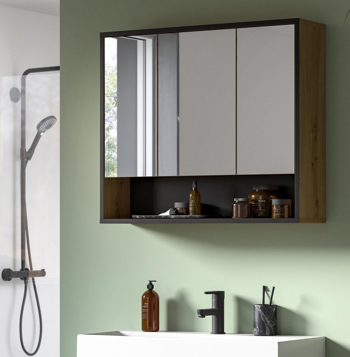 SPIEGELSCHRANK Eiche Artisan, schwarz 3-türig 80 cm, Badschrank mit Soft-Close - Eiche Artisan, Glas/Holzwerkstoff (80/68/19cm) - Inn.Furn