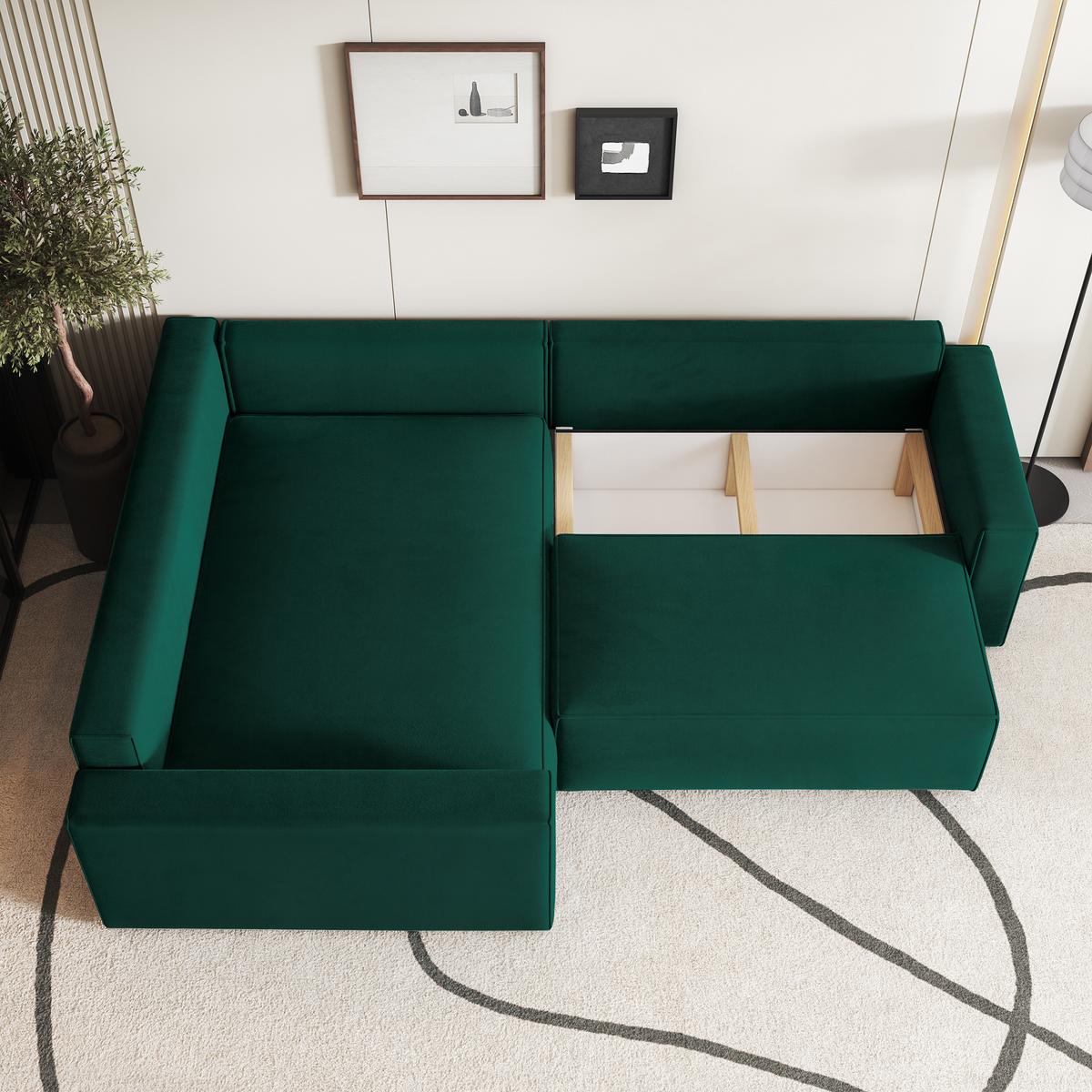 ECKSOFA ERONIS L-S Grün Velours-Stoff mit Schlaffunktion - Grün, Holz (265/194cm) - MASSENO