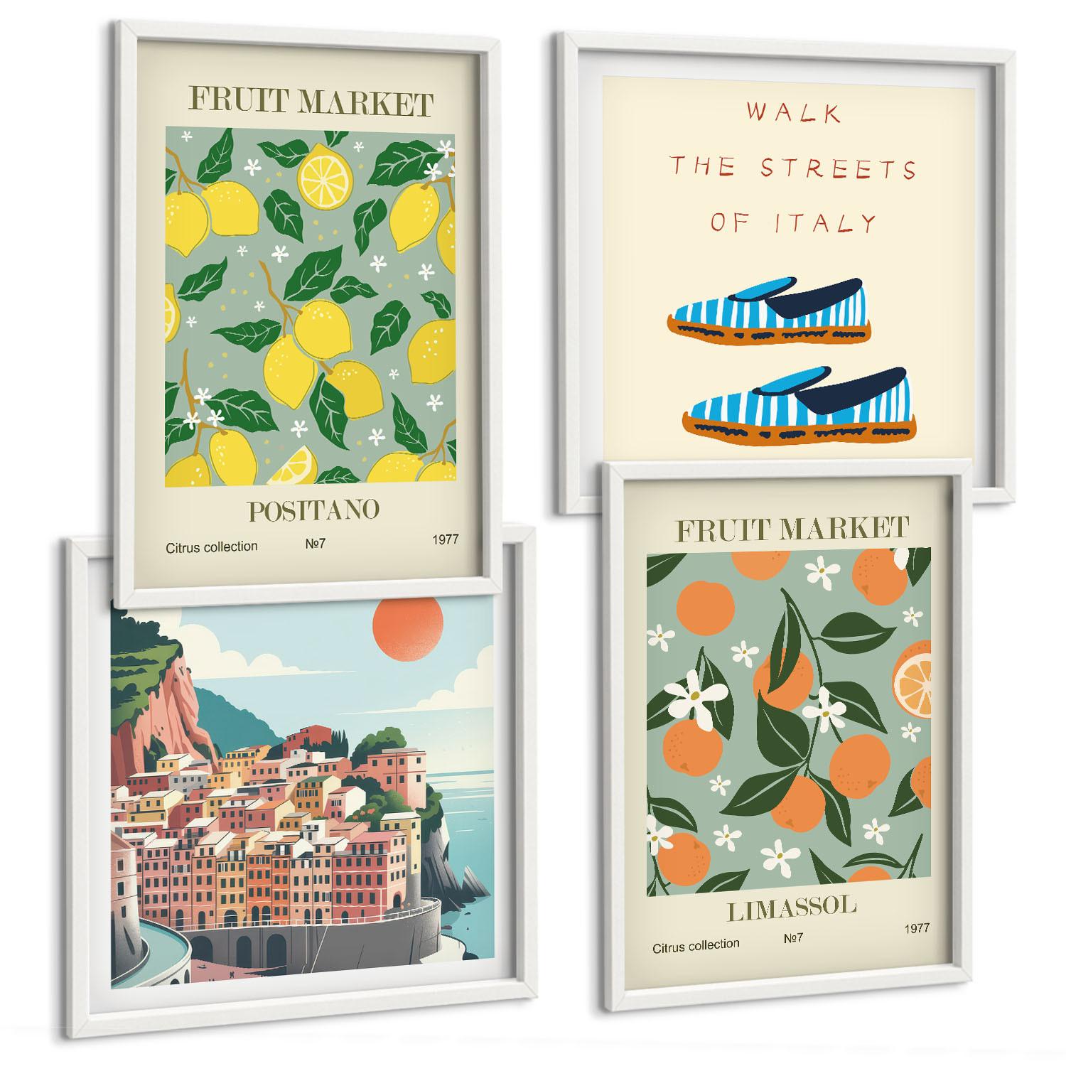 BILDER SET 4er Set - 50x50 cm & 40x60 cm Weißer Rahmen - Fruchtmuster der italienischen Kultur - Weiß, Kunststoff (50/50cm) - TULUP