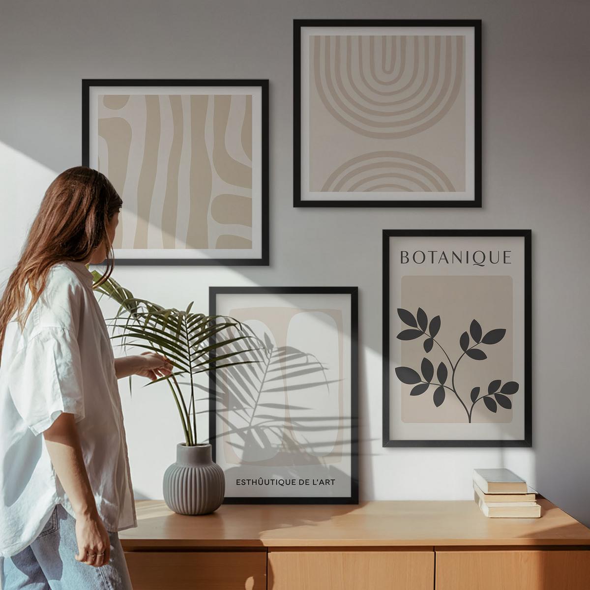 BILDER SET 4er Set - 50x50 cm & 40x60 cm Schwarzer Rahmen - Boho-Pflanzenposter - Schwarz, Kunststoff (50/50cm) - TULUP
