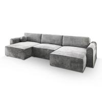 WOHNLANDSCHAFT FENTO M Hellgrau Velours-Stoff mit Schlaffunktion - Hellgrau/Grau, Holz/Kunststoff (347/90/148cm) - MASSENO