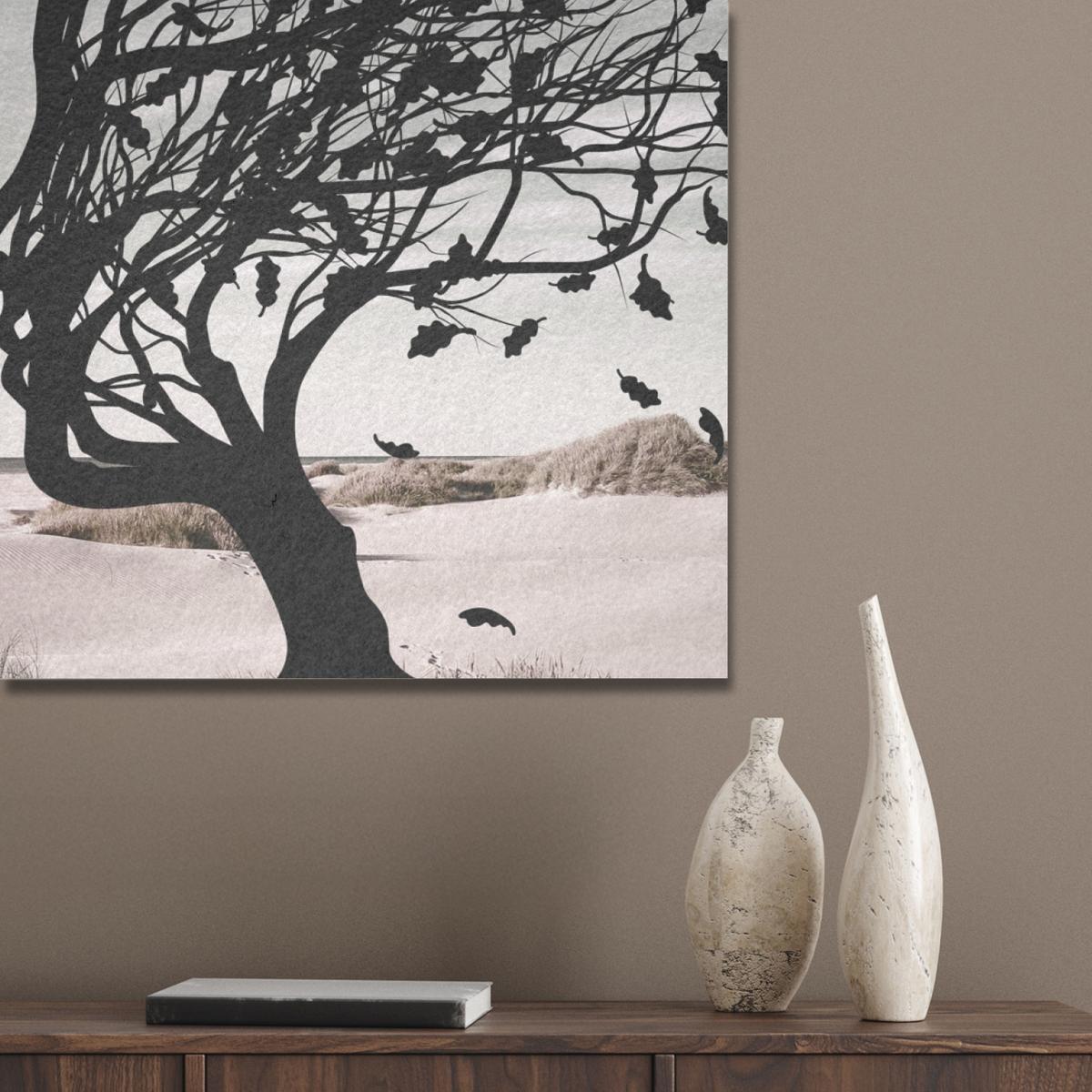 AKUSTIKBILD Strand - Meer - Menschen - Baum - Moderne Kunst Gemälde 80x60 cm - Hellgrau, Kunststoff (80/60/0.9cm) - MuchoWow