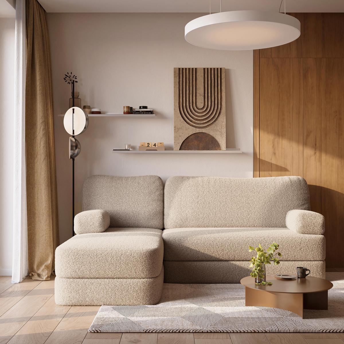ECKSOFA SABI modulares Boneless Sofa mit Schlaffunktion Beige Boucle-Stoff - Beige, Textil (200/120cm) - MASSENO