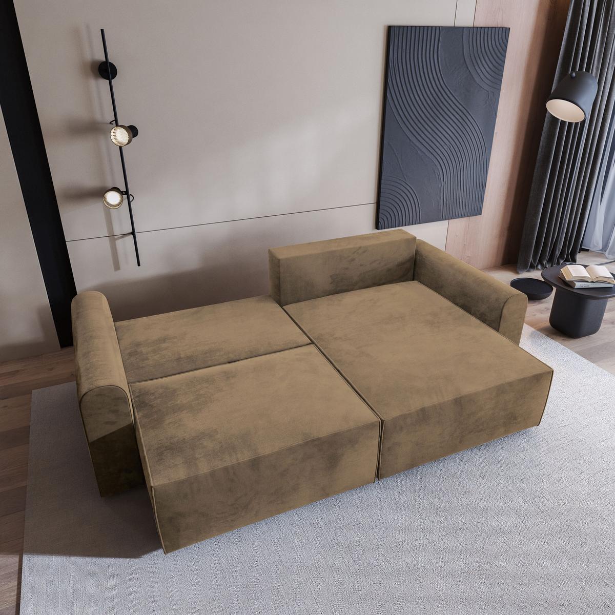 ECKSOFA FIANO M Beige Velours-Stoff mit Schlaffunktion - Beige/Grau, Holz/Kunststoff (245/148cm) - MASSENO