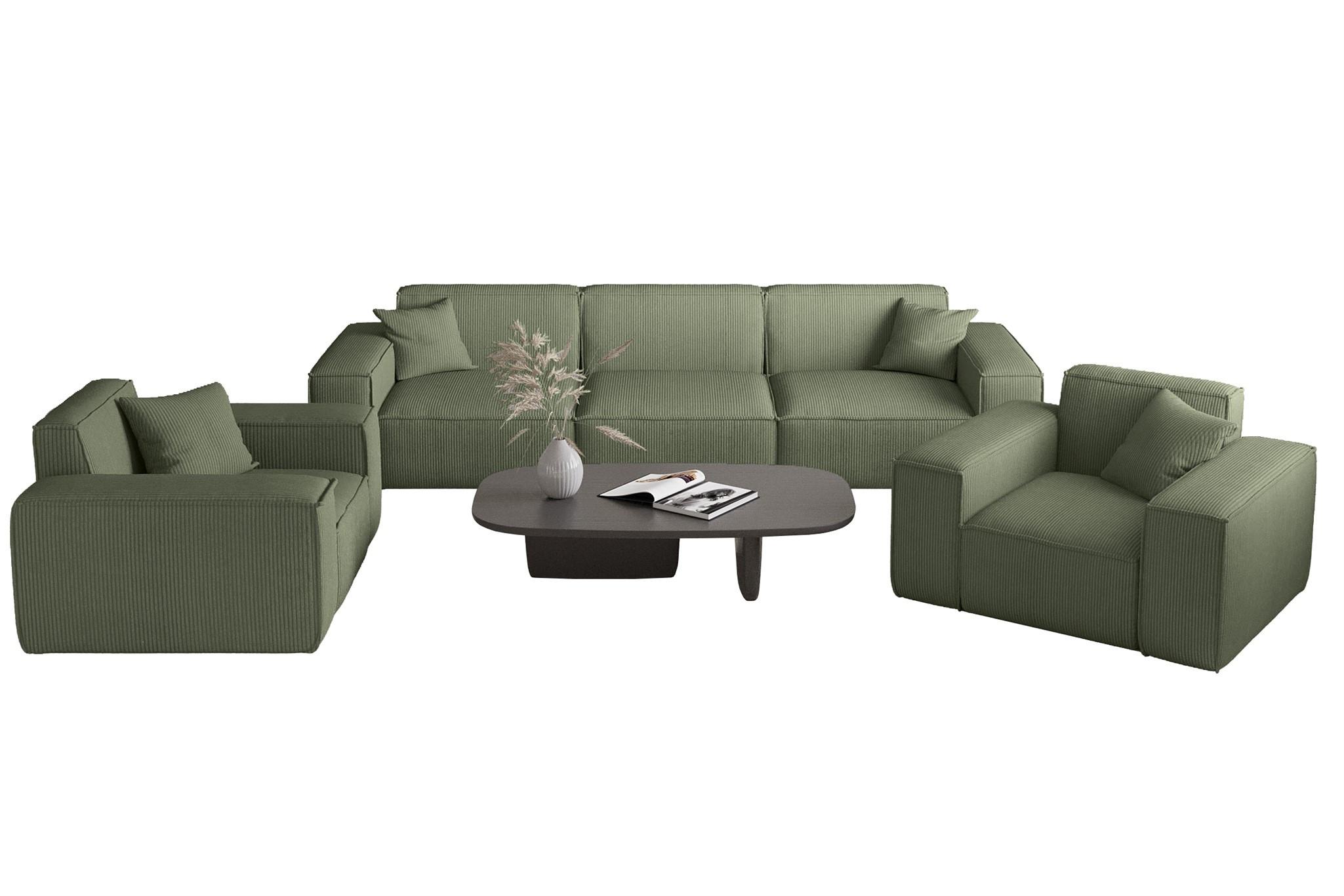 SOFASET Celes Premium 3-1-1 Stoff Scala - Jadegrün, Holzwerkstoff/Textil (225/73/88cm) - Fun Möbel