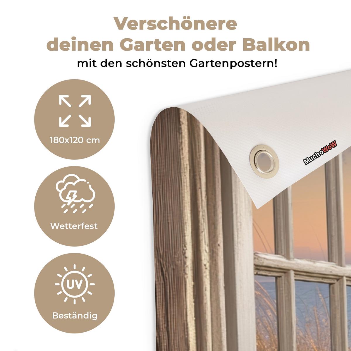 GARTENPOSTER Durchblick - Strand - Dünen - Sonnenuntergang Poster für draußen 180x120 cm - Orange, Kunststoff (180/120/0.2cm) - OnlyWow