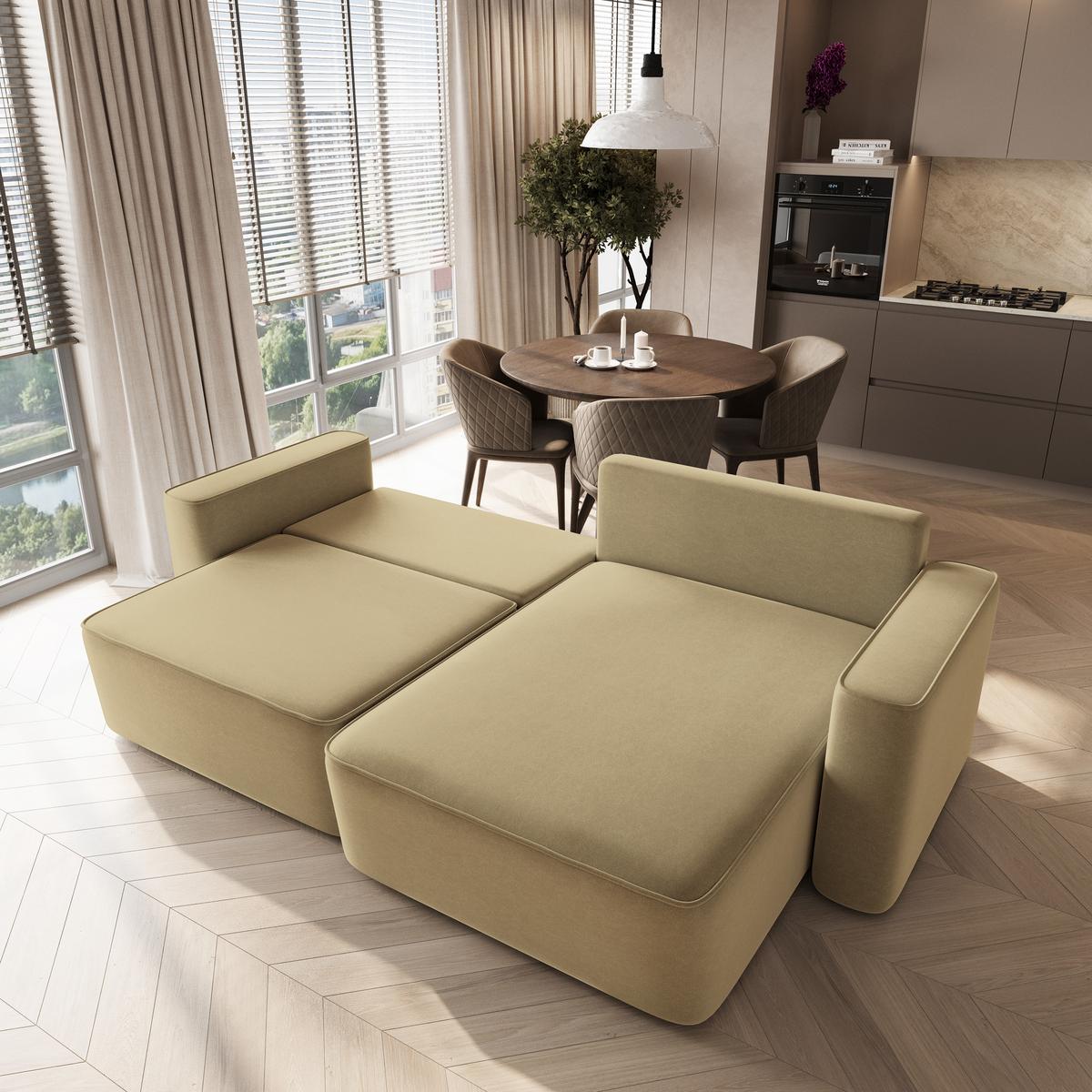 ECKSOFA BELISE CL Currygelb Veloursstoff mit Schlaffunktion - Currygelb, Holz/Textil (252/162cm) - MASSENO