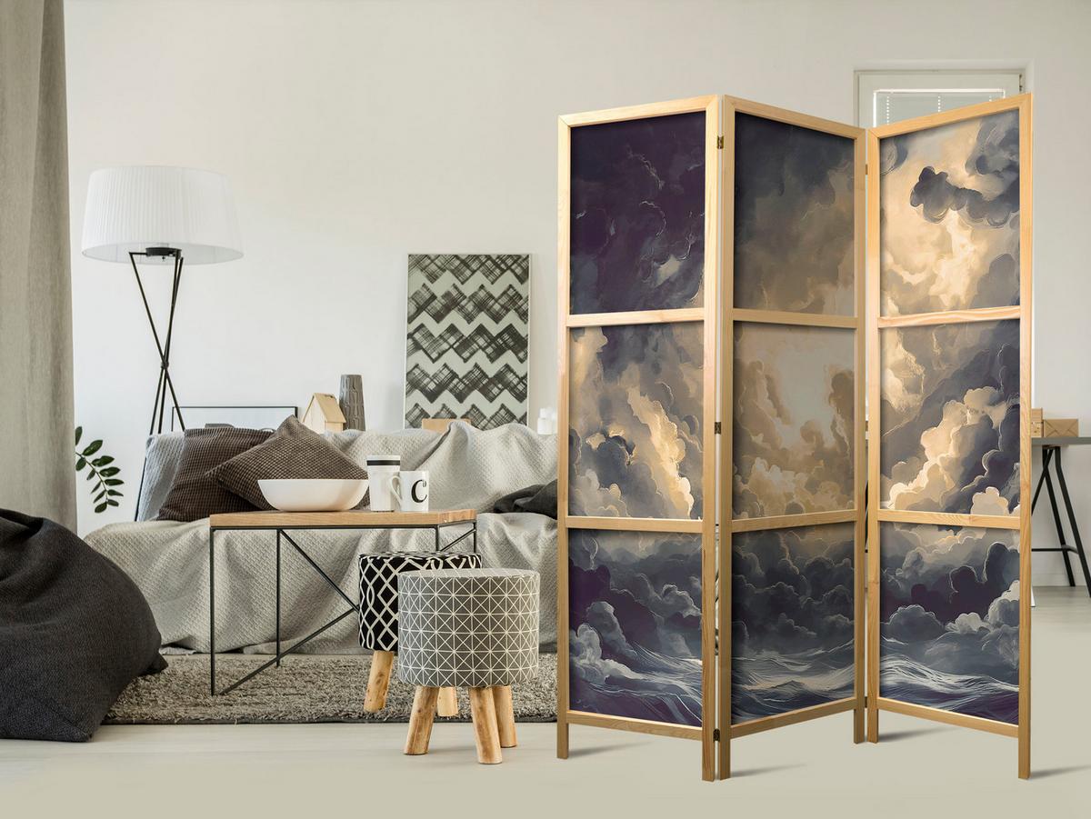 PARAVENT Japanischer 3-tlg 135x172 cm Malerische Wolken - Multicolor, Holz/Textil (135/172/3cm) - Muralo