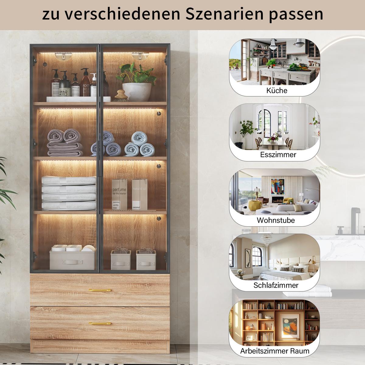 VITRINENSCHRANK mit 2 Schubladen und 2 Türen 74/34.5/170 cm - Braun, Glas/Holzwerkstoff (34/170/70cm) - Urban Meuble