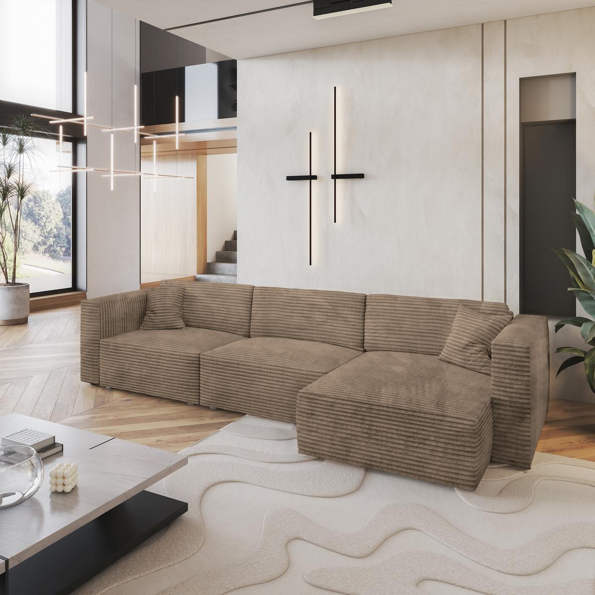 ECKSOFA TOLMO Beige Kordstoff mit Schlaffunktion - Beige/Grau, Holz/Kunststoff (347/148cm) - MASSENO