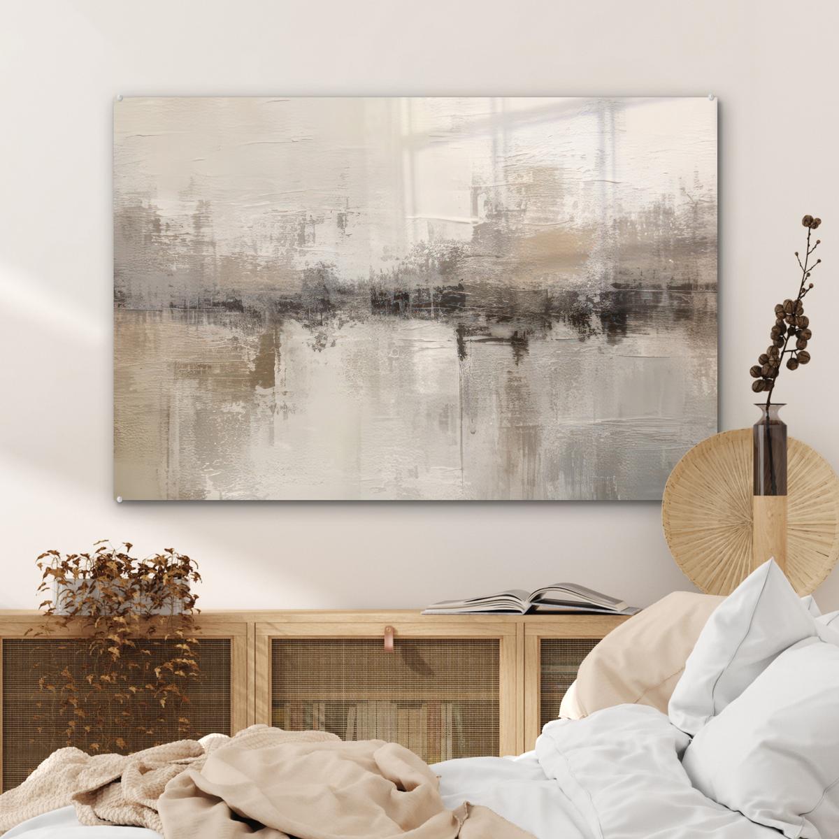 ACRYLGLASBILD Moderne Kunst - Abstrakt - Beige Wandbild Schlafzimmer 120x80 cm - Beige, Glas (120/80cm) - MuchoWow