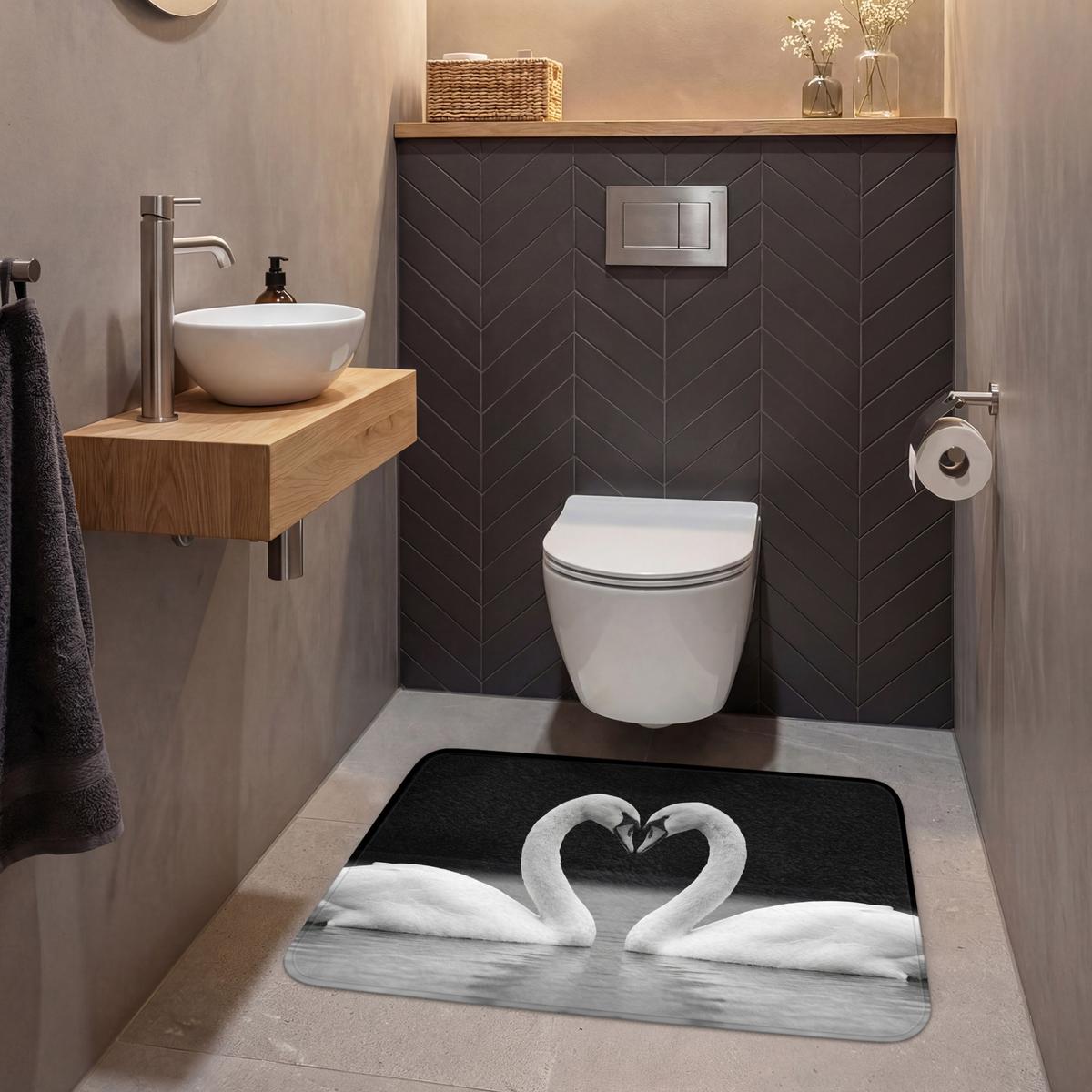 WC-VORLEGER Schwäne - Herz - Schwarz - Weiß Toilettenteppich 90x60 cm - Schwarz, Textil (90/1cm) - OnlyWow