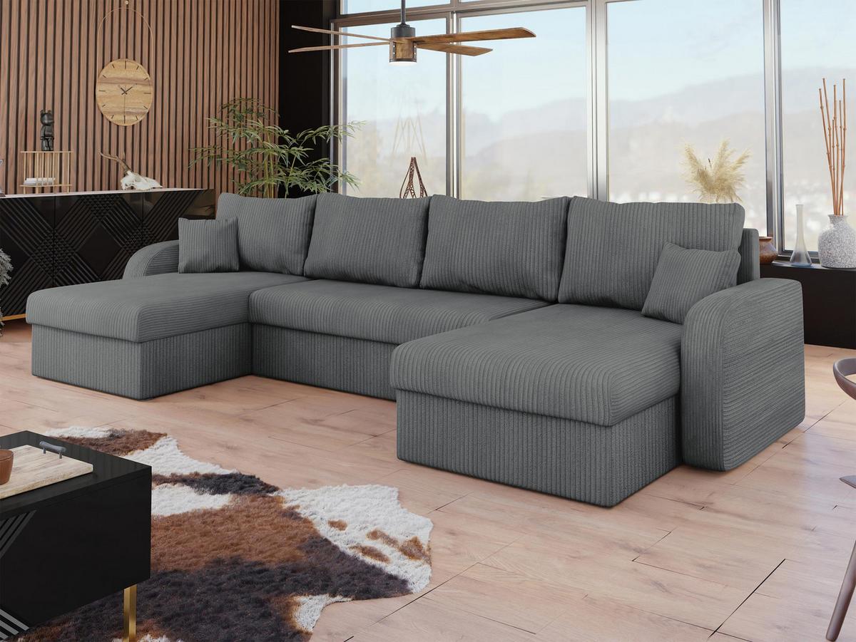 WOHNLANDSCHAFT Kris U Cord - Greige/Schwarz, Holz/Kunststoff (304/80/140cm) - MIRJAN24