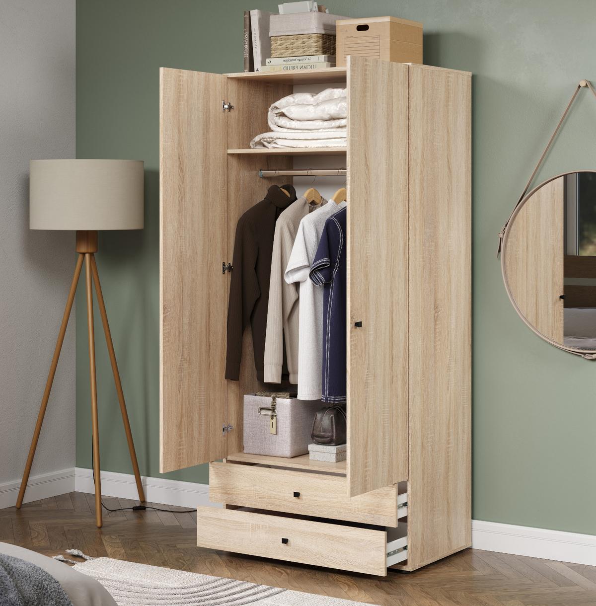 KLEIDERSCHRANK Eiche Sonoma hell 81 x 176 cm, Drehtürenschrank 2-türig mit Schubalden - Schwarz/Sonoma Eiche, Holzwerkstoff/Kunststoff (81/176/51cm) - Top.Furn