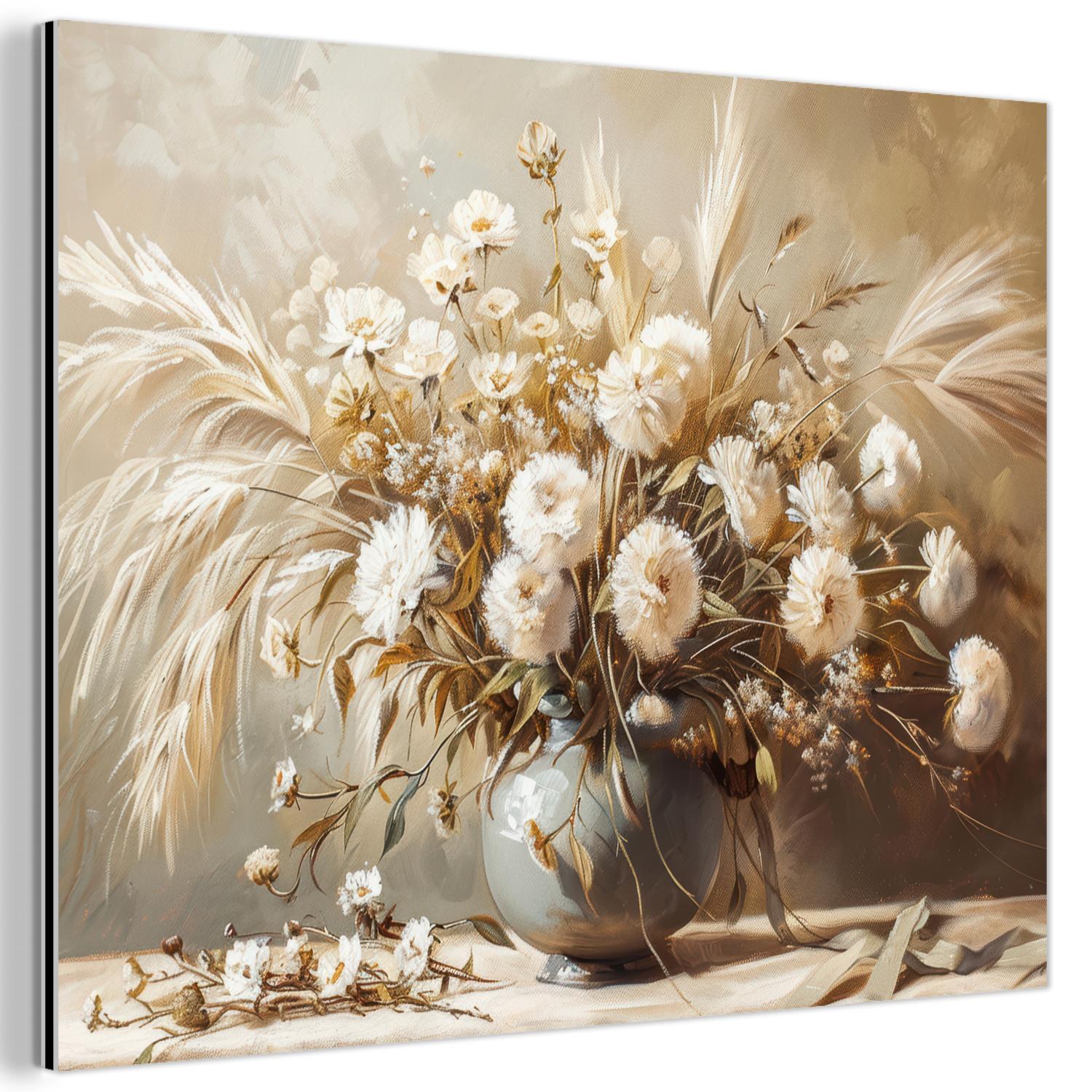 METALLBILD Blumen - Vase - Stilleben - Beige 40x30 cm - Creme, Metall (40/30cm) - MuchoWow