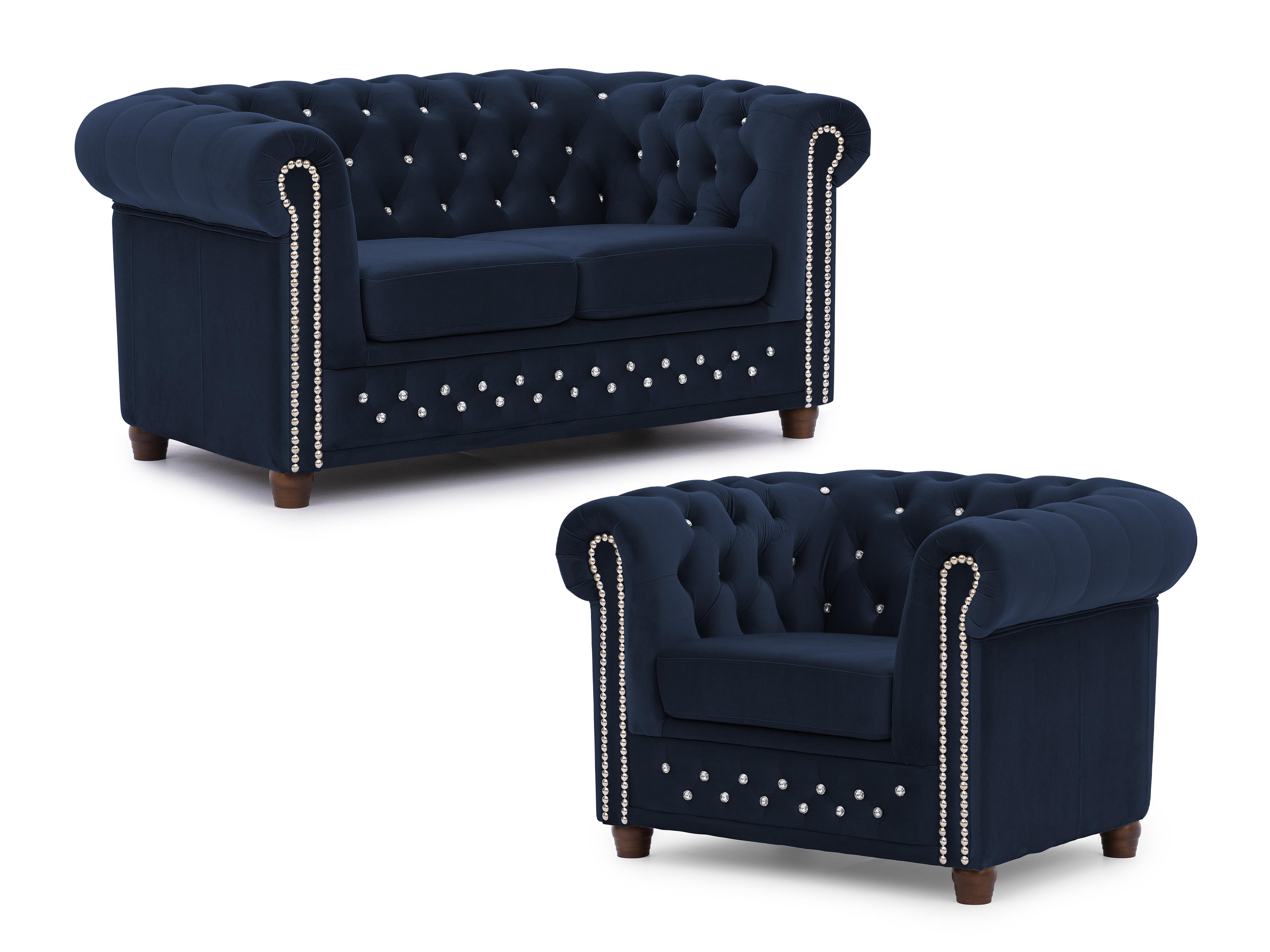 SITZGARNITUR 2+1 Chesterfield Cleo Blink Marineblau Samt mit Kristallsteppung und braunen Massivholzfüßen - Blau/Beige, Holz/Textil (148/72/86cm) - S-Style Möbel