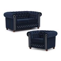 SITZGARNITUR 2+1 Chesterfield Cleo Blink Marineblau Samt mit Kristallsteppung und braunen Massivholzfüßen - Blau/Beige, Holz/Textil (148/72/86cm) - S-Style Möbel
