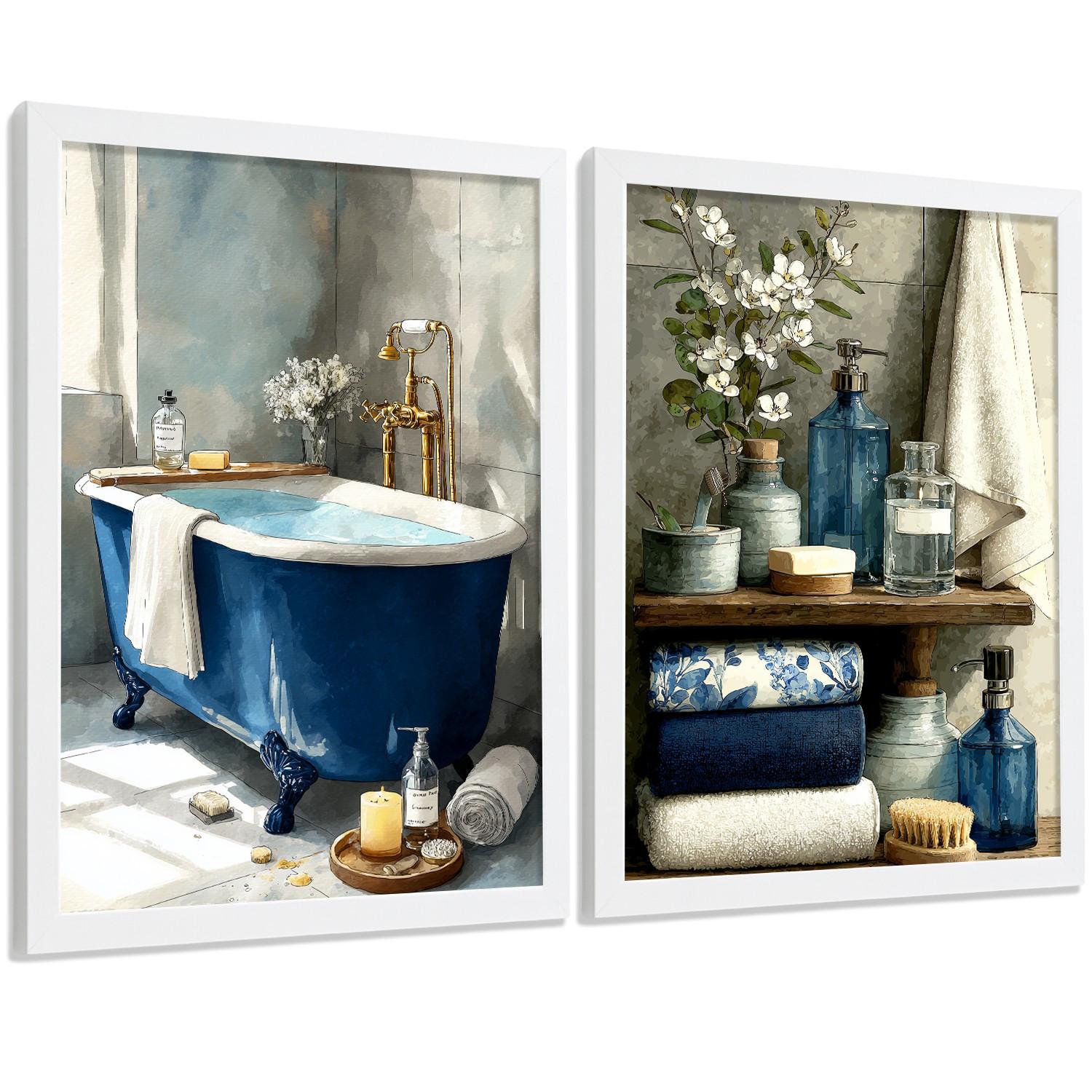 POSTER 2er-Set dekorative Badezimmer-Poster, moderne Wandbilder für Waschbecken, elegante Dekoration mit blauer Badewanne Weißer Rahmen A4 - Weiß, Papier (29.7/21/3cm) - Nacnic