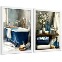 POSTER 2er-Set dekorative Badezimmer-Poster, moderne Wandbilder für Waschbecken, elegante Dekoration mit blauer Badewanne Weißer Rahmen A4 - Weiß, Papier (29.7/21/3cm) - Nacnic