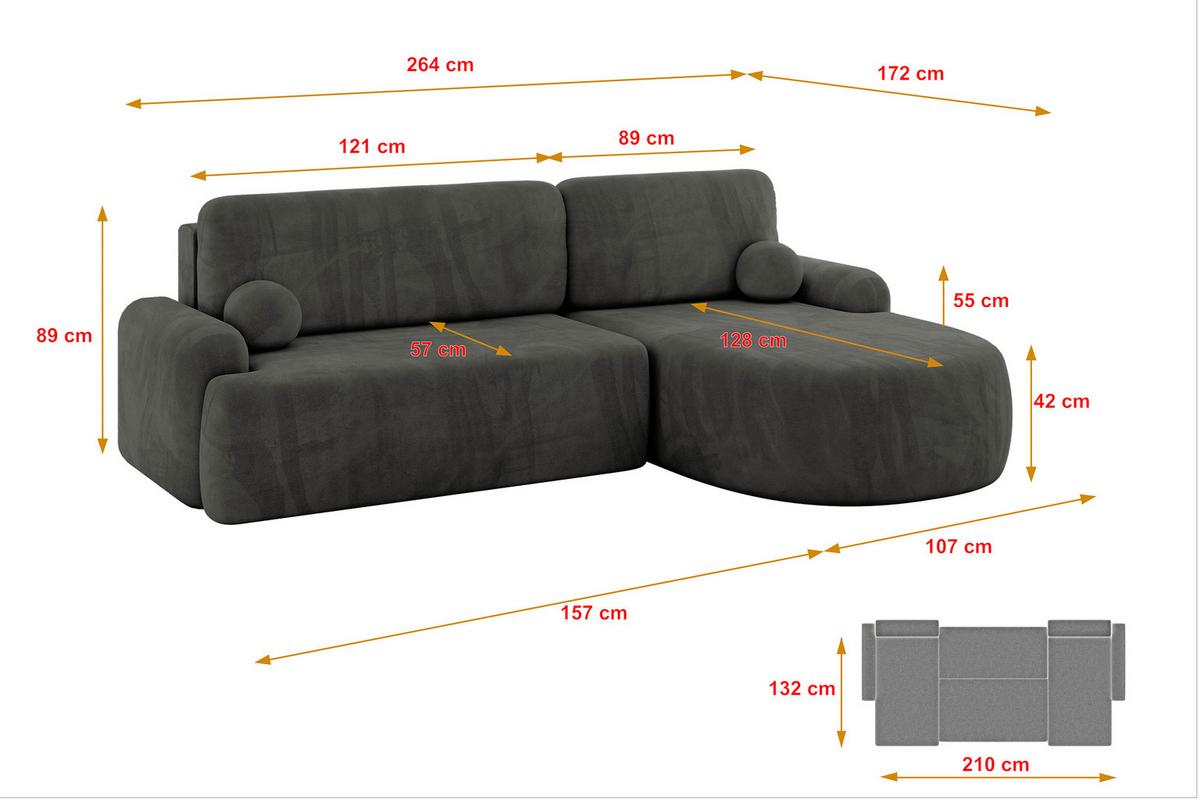 ECKSOFA mit Schlaffunktion und Bettkasten LIRA-L - 264x172x89 Dunkelgrau - Dunkelgrau, Holzwerkstoff/Textil (172/264cm) - ALTDECOR