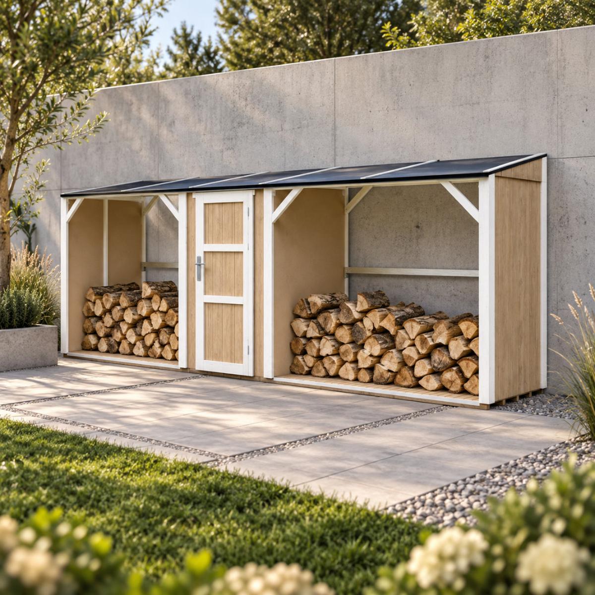 BRENNHOLZLAGER doppelt mit Geräteraum 6,49 m², zwei Brennholzbereiche mit insgesamt ~8,8 m³ Fassungsvermögen - Hellgelb, Holz (118/220/550cm) - Timbela