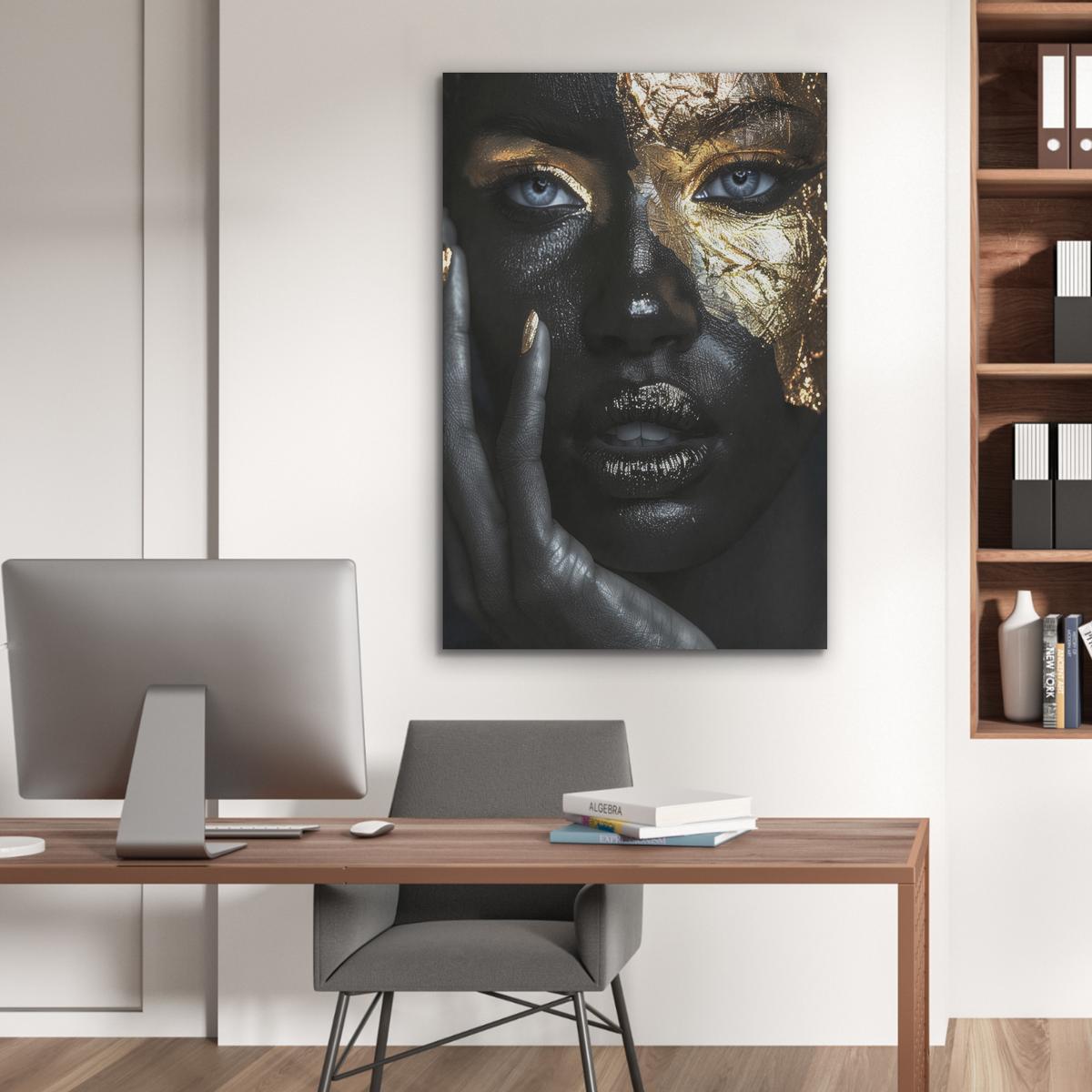 AKUSTIKBILD Frau - Gold - Porträt - Schwarz-Weiß - Luxus Wanddeko 70x100 cm - Hellblau, Kunststoff (70/100/0.9cm) - MuchoWow