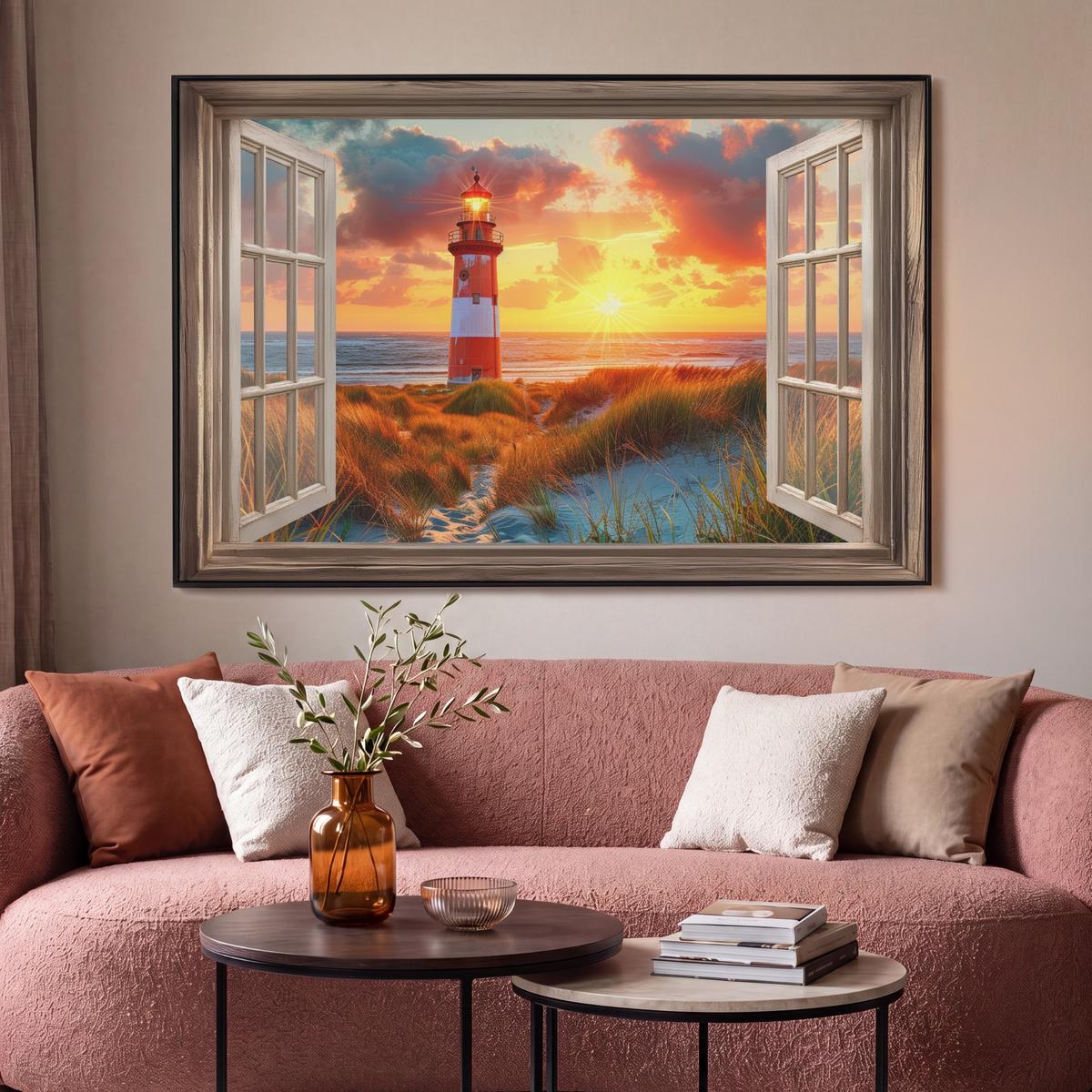 LEINWAND Bilder mit Rahmen - Aussicht - Fenster - Leuchtturm - Sonnenuntergang - Strand - 150x100 - Dunkelorange, Textil (150/100cm) - MuchoWow