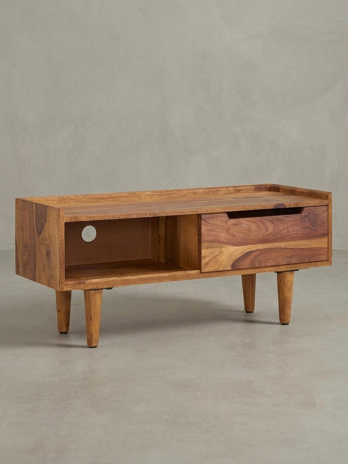 LOWBOARD Massivholz Modern Stil für Fernseher bis 50 Zoll mit Schiebetür und 2 Fächern - Braun, Holz (95/44/34cm) - KADIMA DESIGN