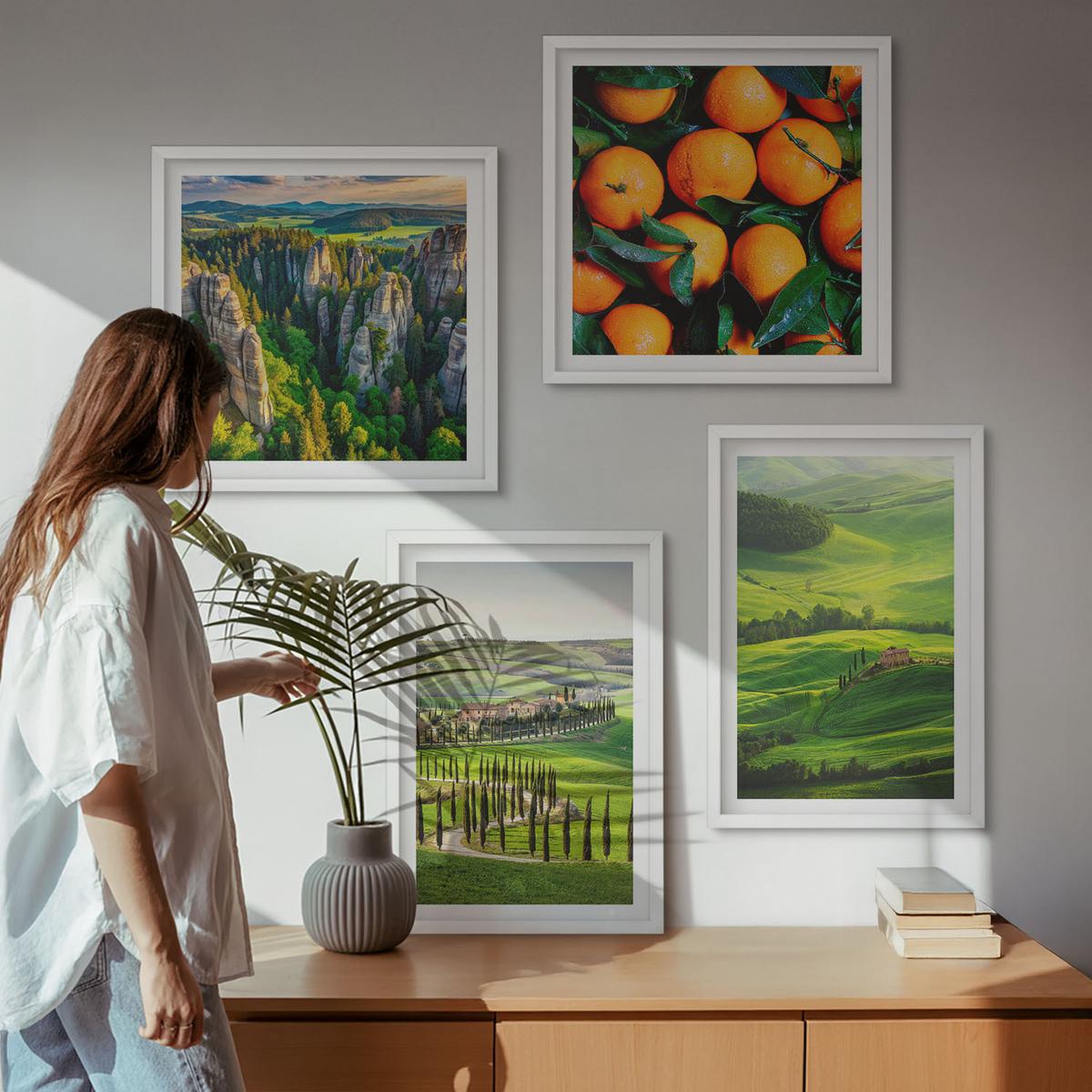 BILDER SET 4er Set - 50x50 cm & 40x60 cm Weißer Rahmen - Italienische Landschaft Orangen Natur - Weiß, Kunststoff (50/50cm) - TULUP
