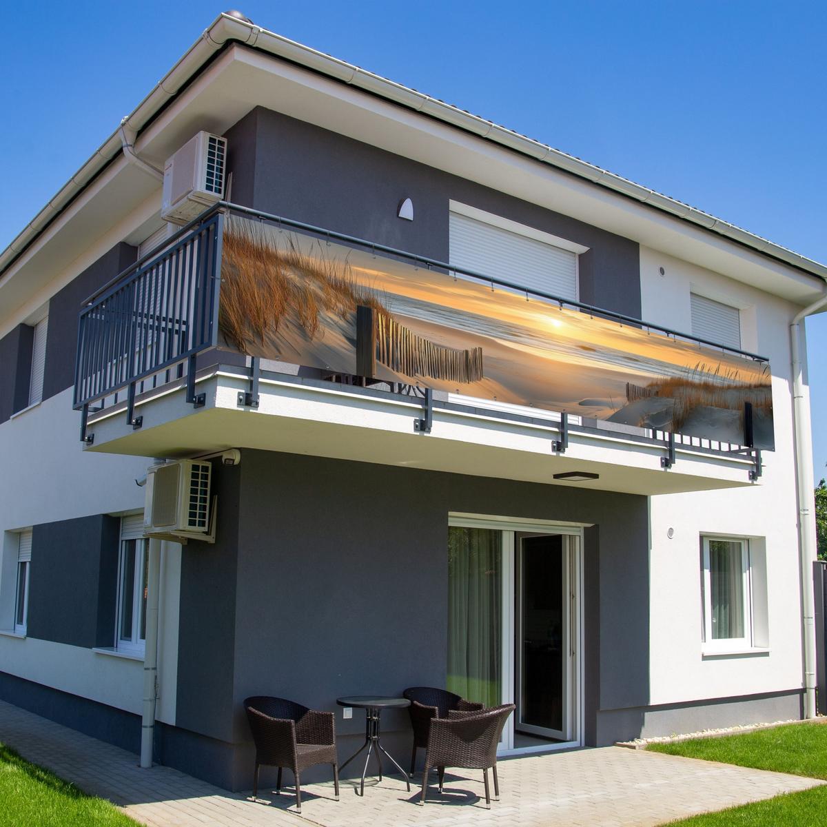 BALKON-SICHTSCHUTZ Strand - Dünen - Sonnenuntergang Deko XXL 500x100 cm - Sandfarben, Kunststoff (500/100cm) - MuchoWow