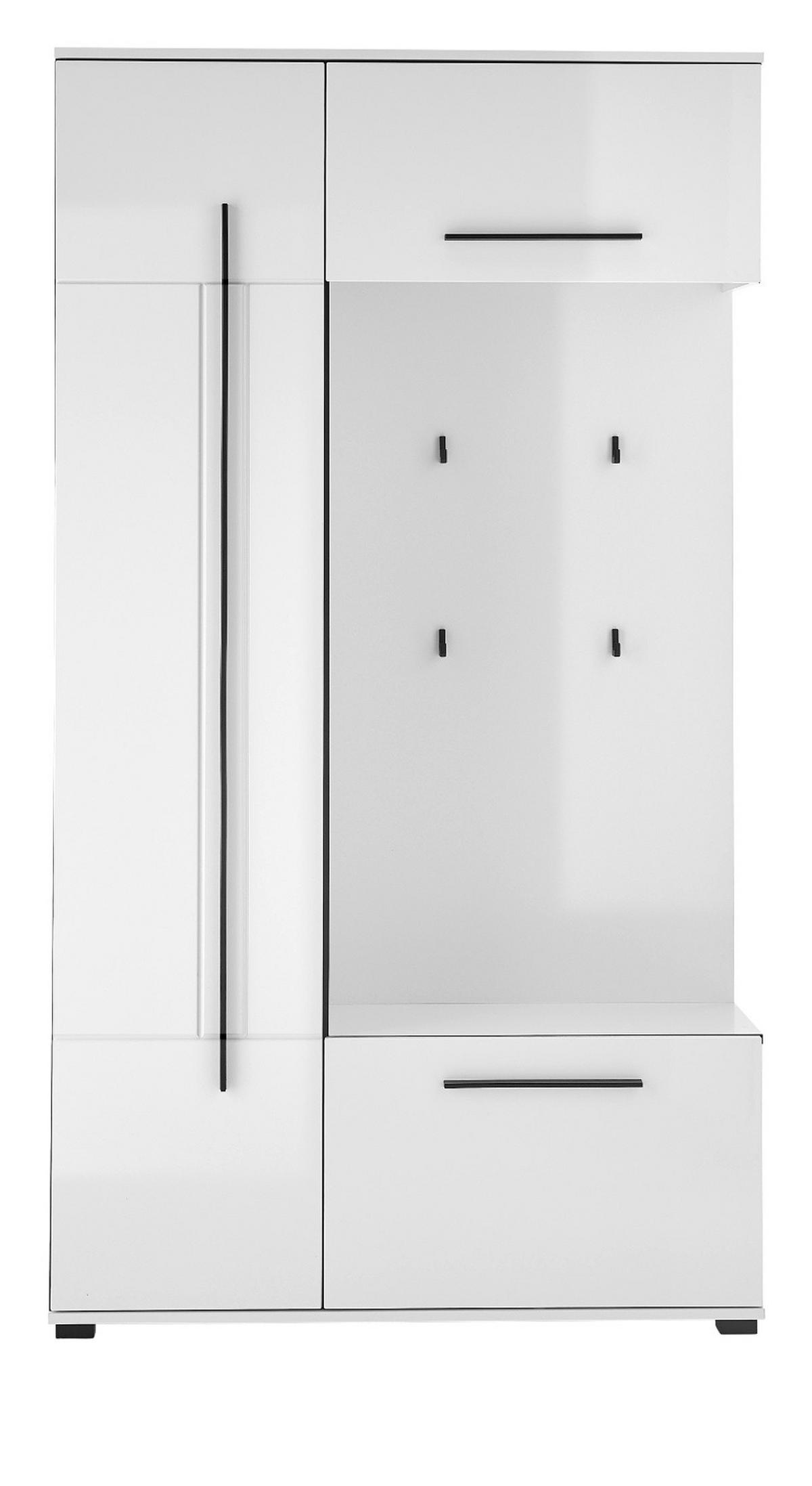 KOMPAKTGARDEROBE weiß Hochglanz 111 x 200 cm, Garderobe mit Soft-Close - Weiß Hochglanz/Schwarz, Holzwerkstoff/Kunststoff (111/200/37cm) - Furn.Design