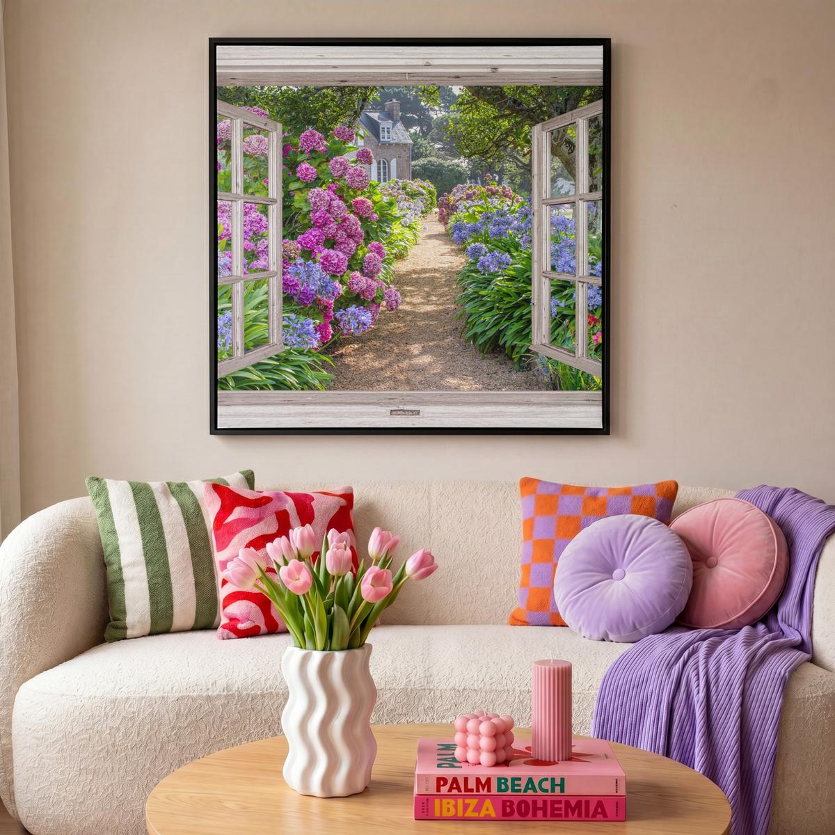 LEINWAND Bilder mit Rahmen - Hortensie - Durchsichtig - Blumen - Sommer - Lila - Weg - 90x90 - Lila, Textil (90/90cm) - MuchoWow
