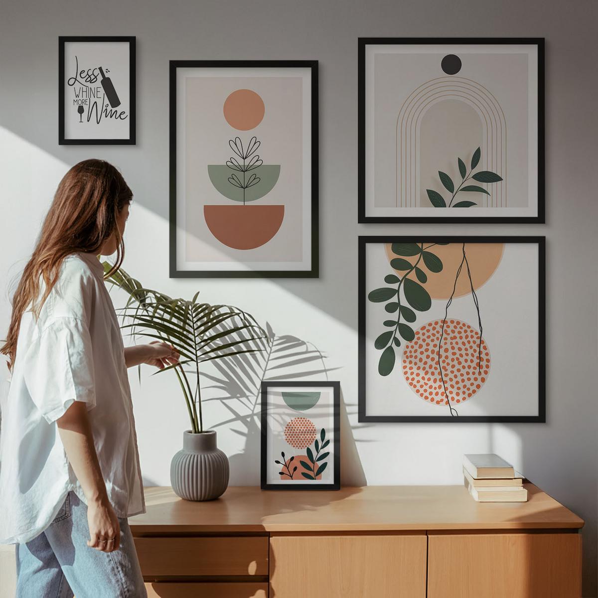 BILDER SET 5er Set - 50x50 cm & 20x30 cm & 40x60 cm Schwarzer Rahmen - Abstrakte Pflanzenformen - Schwarz, Kunststoff (40/60cm) - TULUP