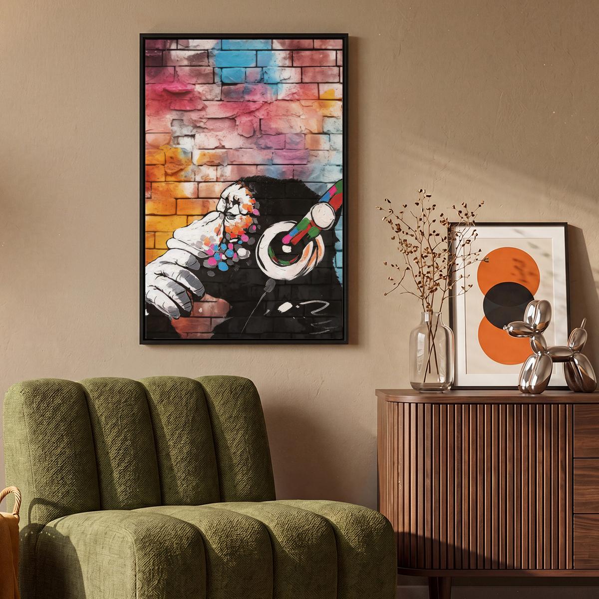 LEINWAND Bilder mit Rahmen - Affe - Graffiti - Musik - 60x90 - Multicolor, Textil (60/90cm) - MuchoWow