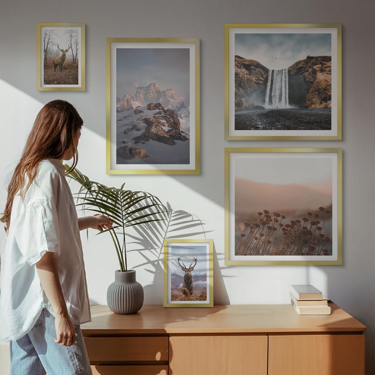 BILDER SET 5er Set - 50x50 cm & 20x30 cm & 40x60 cm Goldrahmen - Urlaub Palmen Wasserfall - Goldfarben, Kunststoff (40/60cm) - TULUP