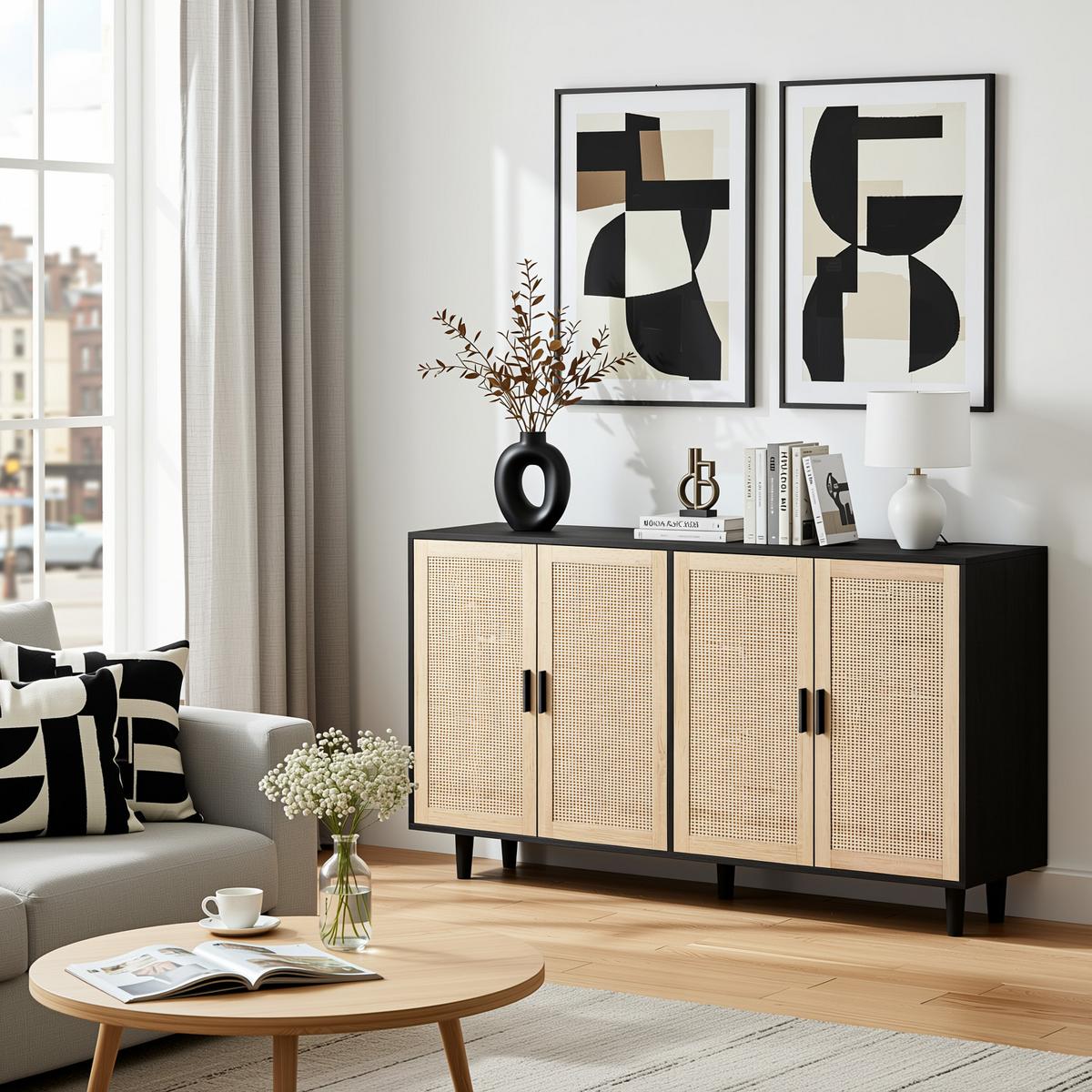 SIDEBOARD holzwerkstoff in schwarz mit rattan-fronten, 4 türen - Schwarz, Holzwerkstoff (158/88/40cm) - Urban Meuble